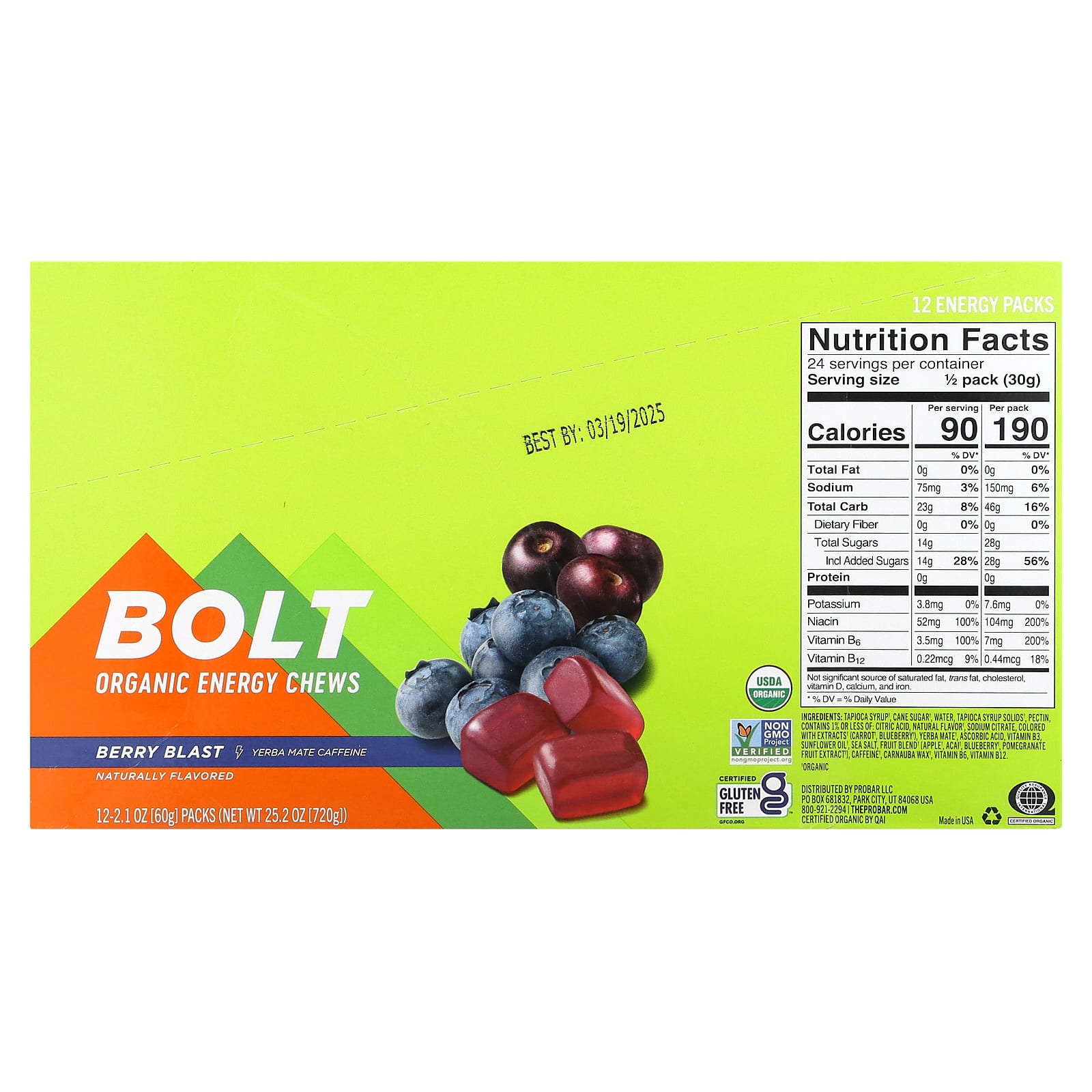 ProBar, Bolt, Organic Energy Chews, Berry Blast, 12 Packs, 2.1 oz (60 g) Each - Image 2