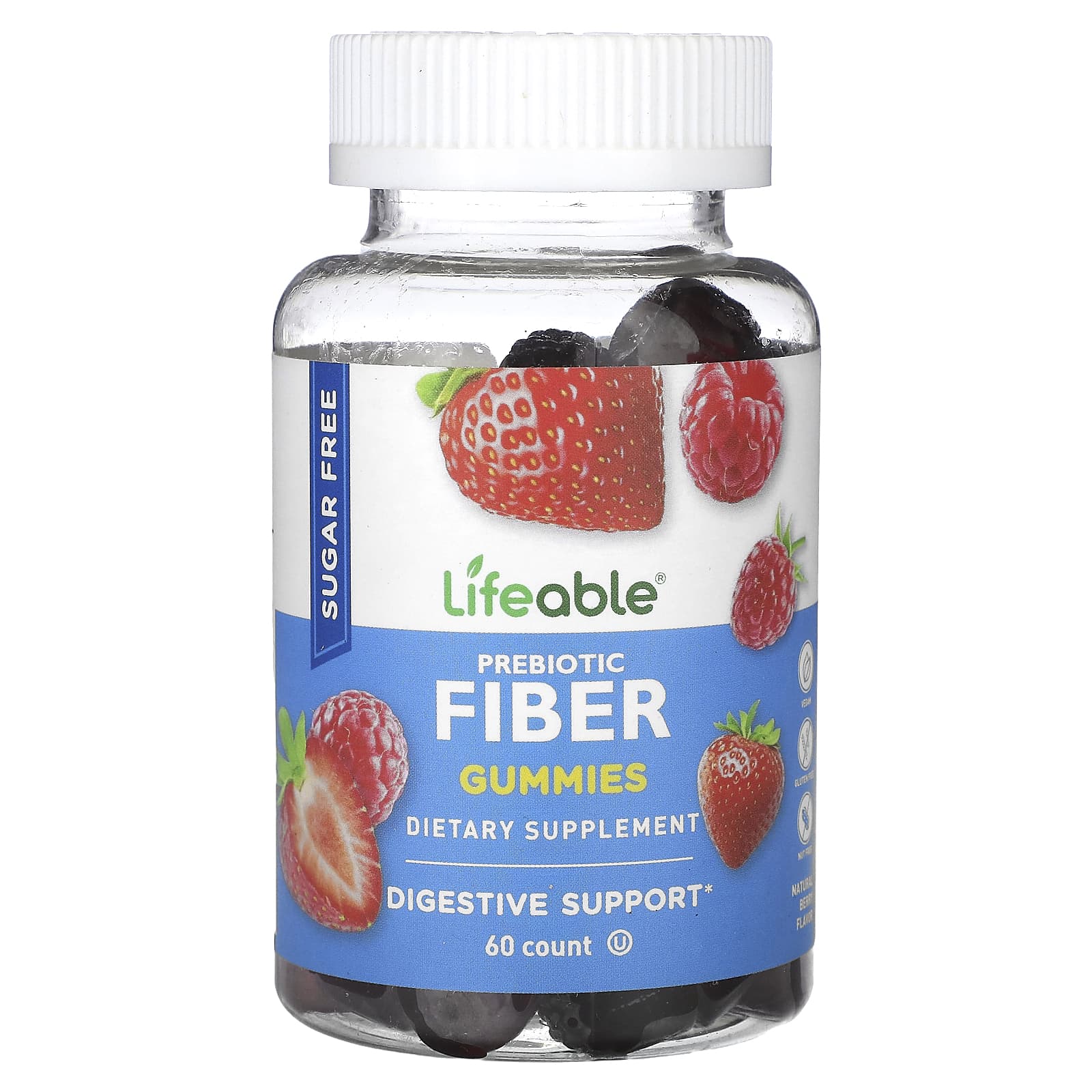 Lifeable, Prebiotic Fiber Gummies, Sugar Free, Natural Berry, 60 Gummies - Image 1