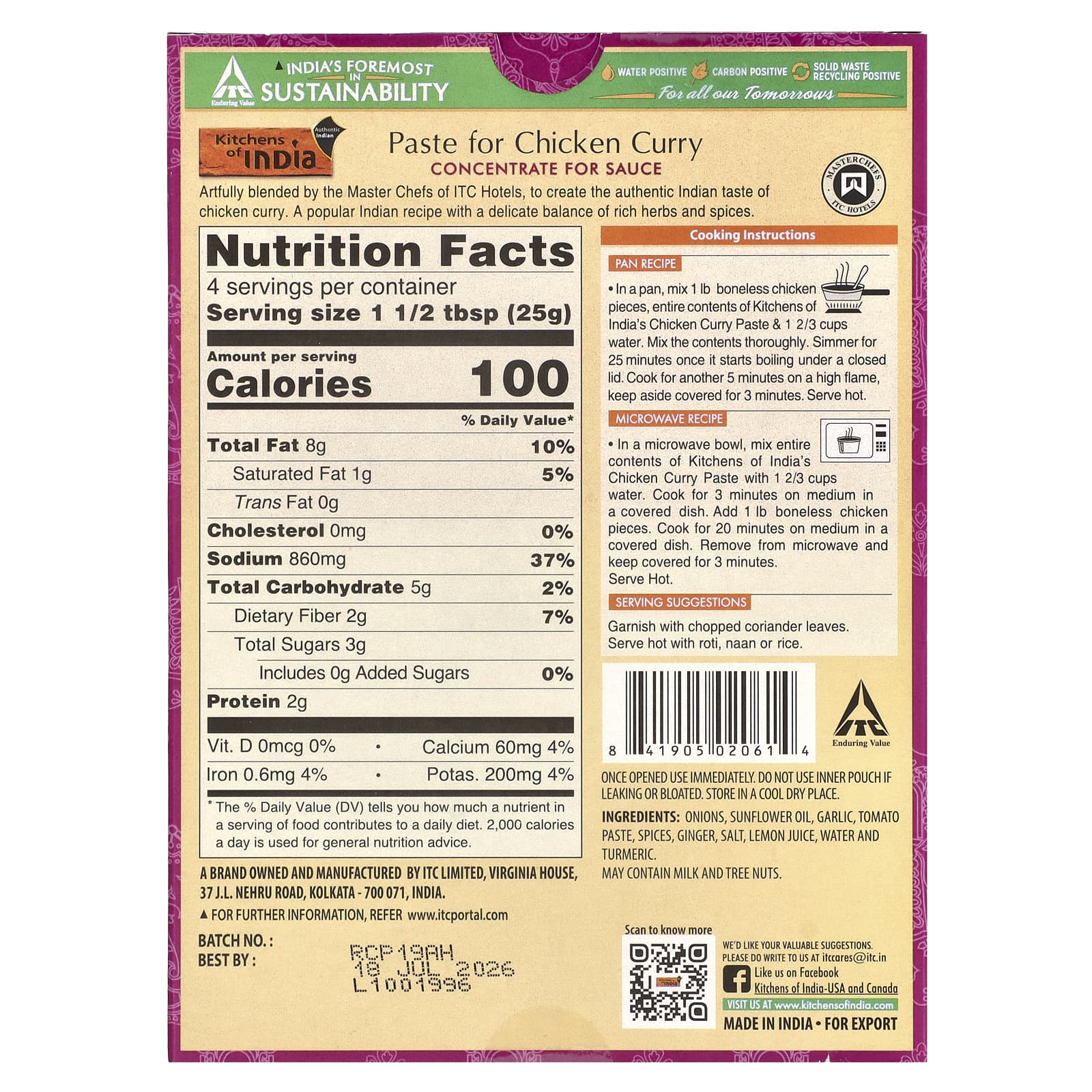 Kitchens of India, Paste For Chicken Curry, Concentrate For Sauce, Medium, 3.5 oz (100 g) - Image 2
