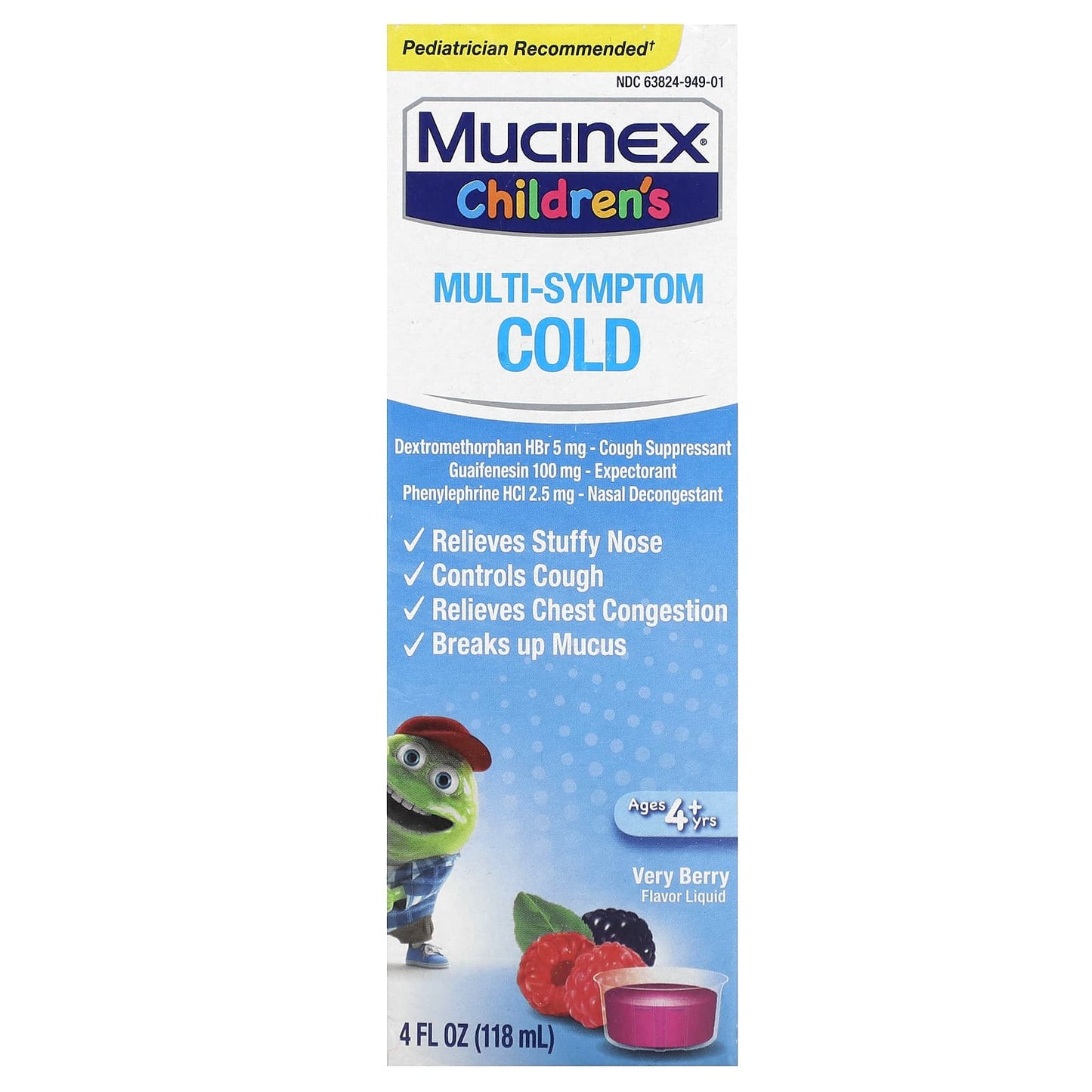 Mucinex, Children's, Multi-Symptom Cold, Ages 4+ Yrs, Very Berry, 4 fl oz (118 ml) - Image 1