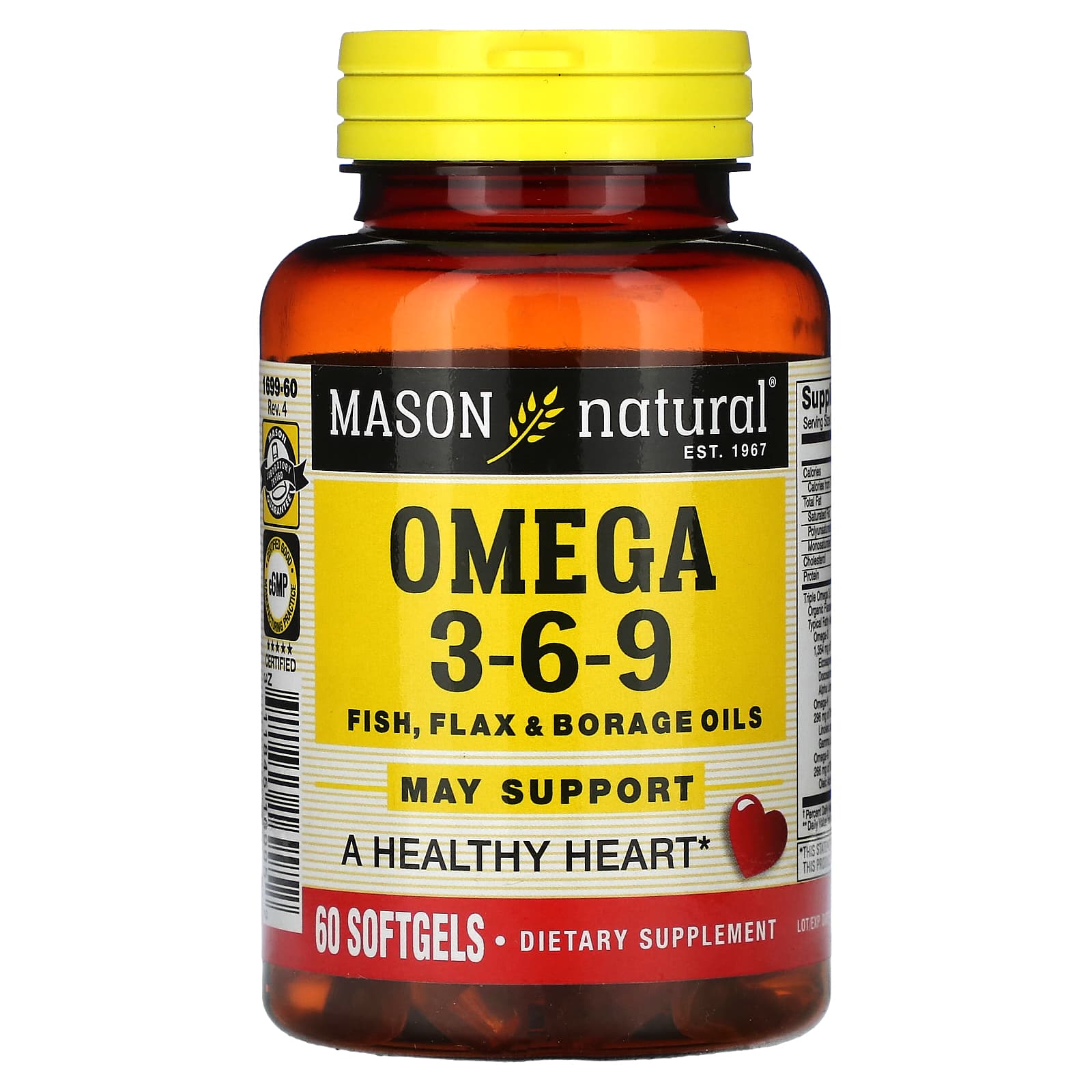 Mason Natural, Omega 3-6-9, Fish, Flax & Borage Oils, 60 Softgels - Image 1