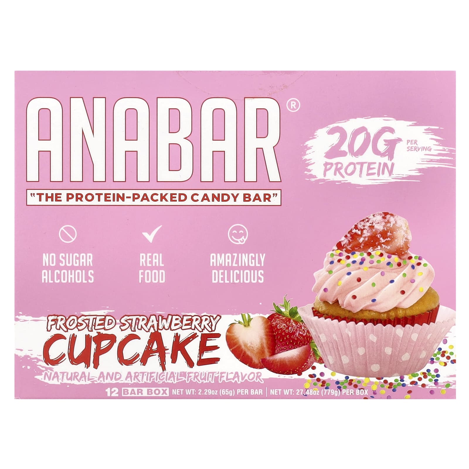 The Anabar, The Protein-Packed Candy Bar®, Frosted Strawberry Cupcake, 12 Bars, 2.29 oz (65 g) Each - Image 1
