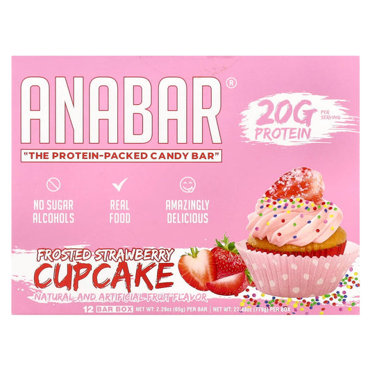 The Anabar, The Protein-Packed Candy Bar®, Frosted Strawberry Cupcake, 12 Bars, 2.29 oz (65 g) Each - Image 1