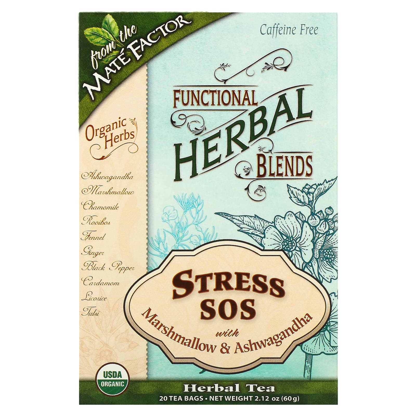 Mate Factor, Stress SOS with Marshmallow & Ashwagandha, Caffeine Free, 20 Tea Bags, 2.12 oz (60 g) - Image 1