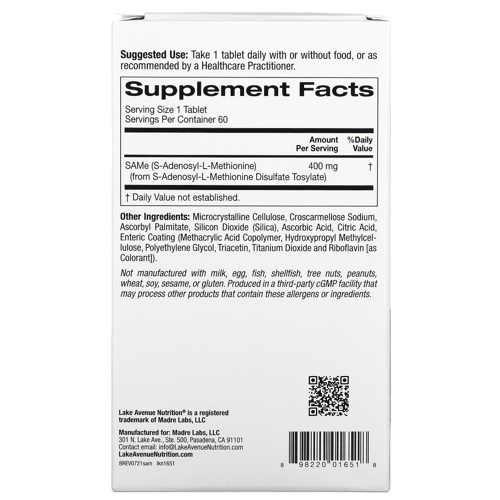 SAMe 400mg, 60 Enteric Coated Tablets by Lake Avenue Nutrition - Image 2