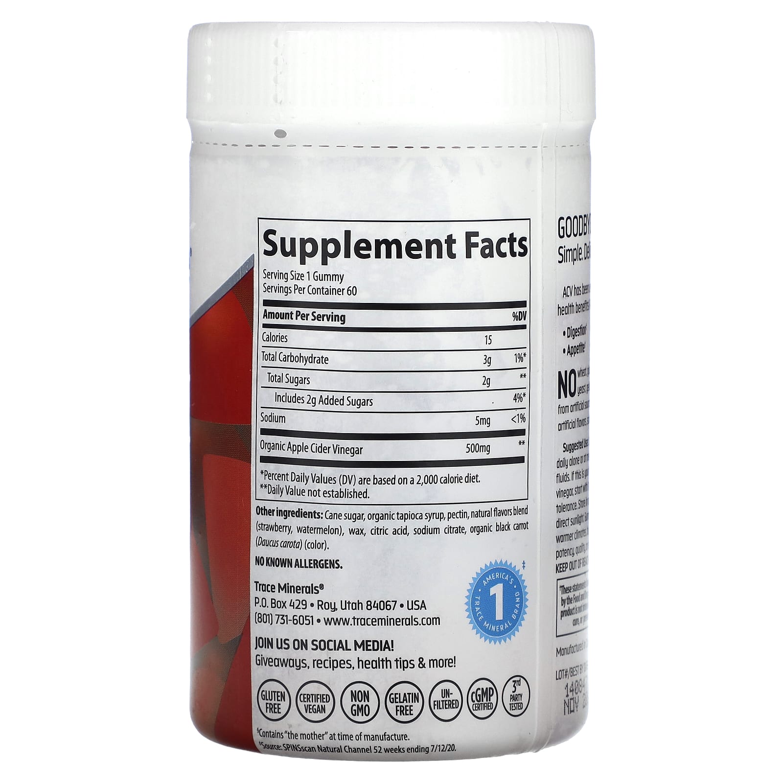 Trace, Apple Cider Vinegar Gummies, Strawberry Melon , 500 mg, 60 Gummies - Image 2