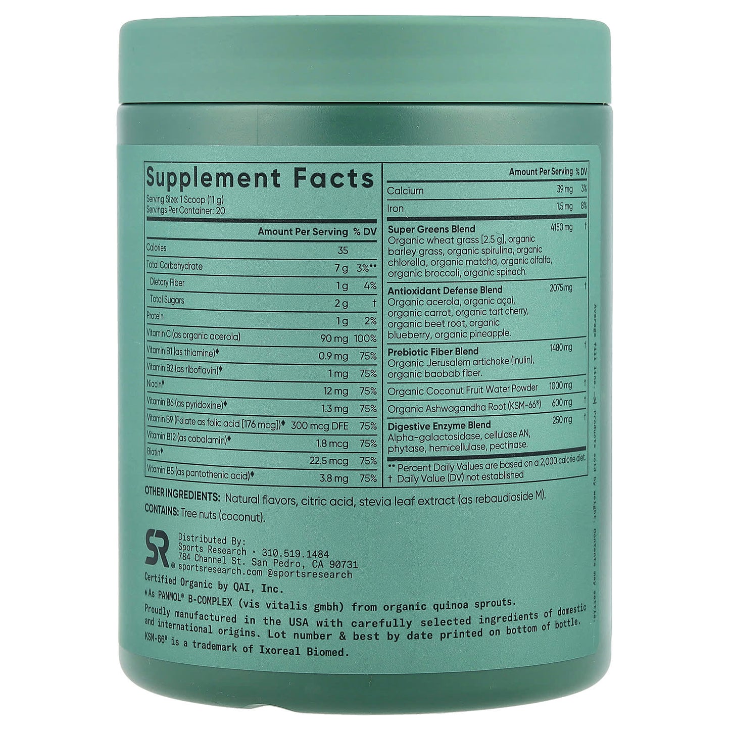 Sports Research, Greens Organic, Pineapple Coconut, 7.76 oz (220 g) - Image 2