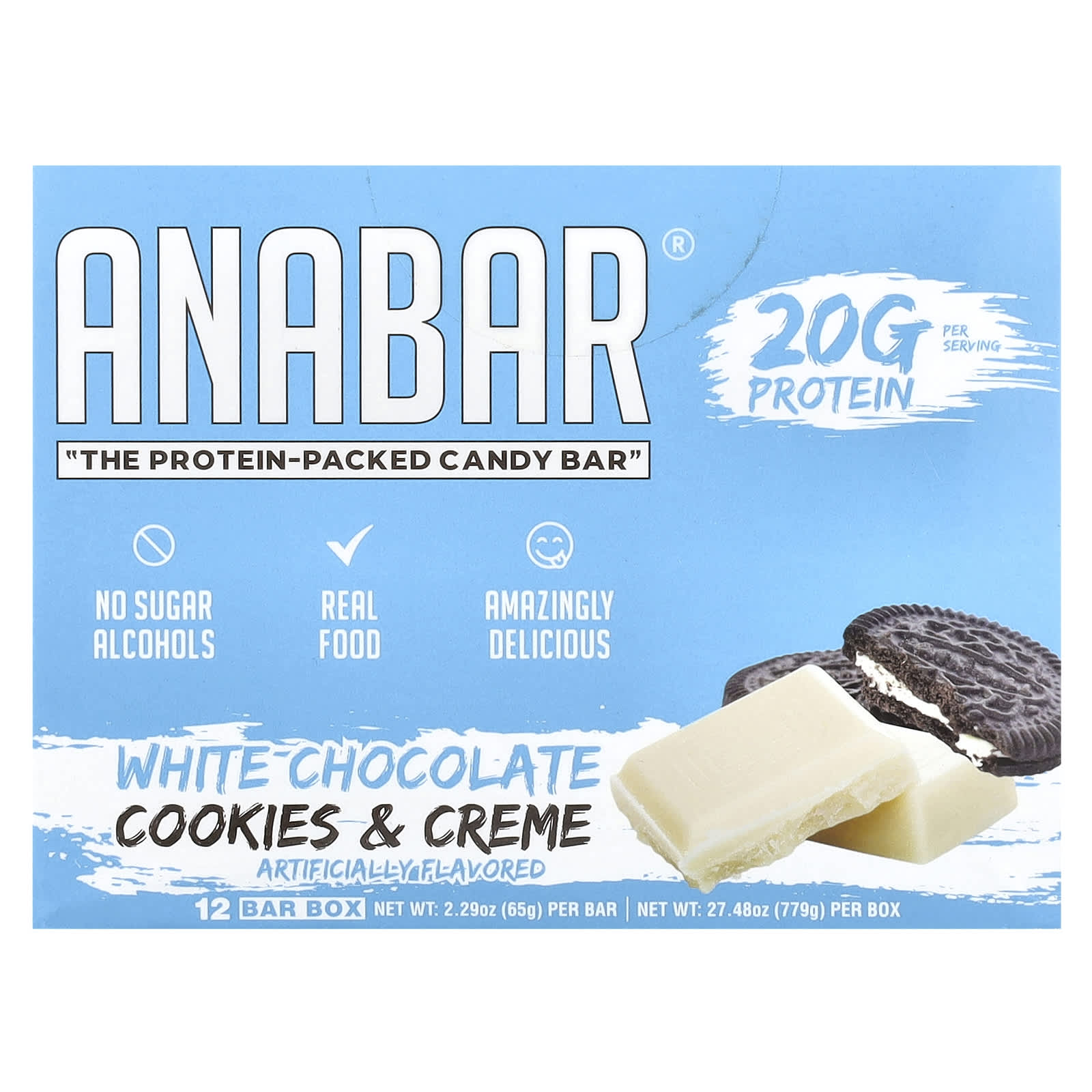 The Anabar, The Protein-Packed Candy Bar®, White Chocolate Cookies & Cream, 12 Bars, 2.29 oz (65 g) Each