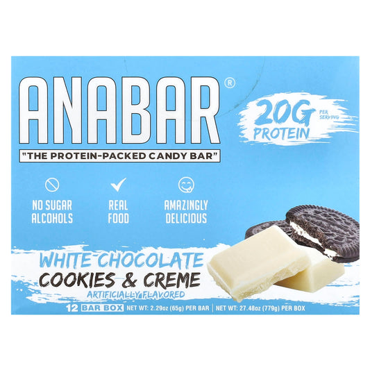 The Anabar, The Protein-Packed Candy Bar®, White Chocolate Cookies & Cream, 12 Bars, 2.29 oz (65 g) Each