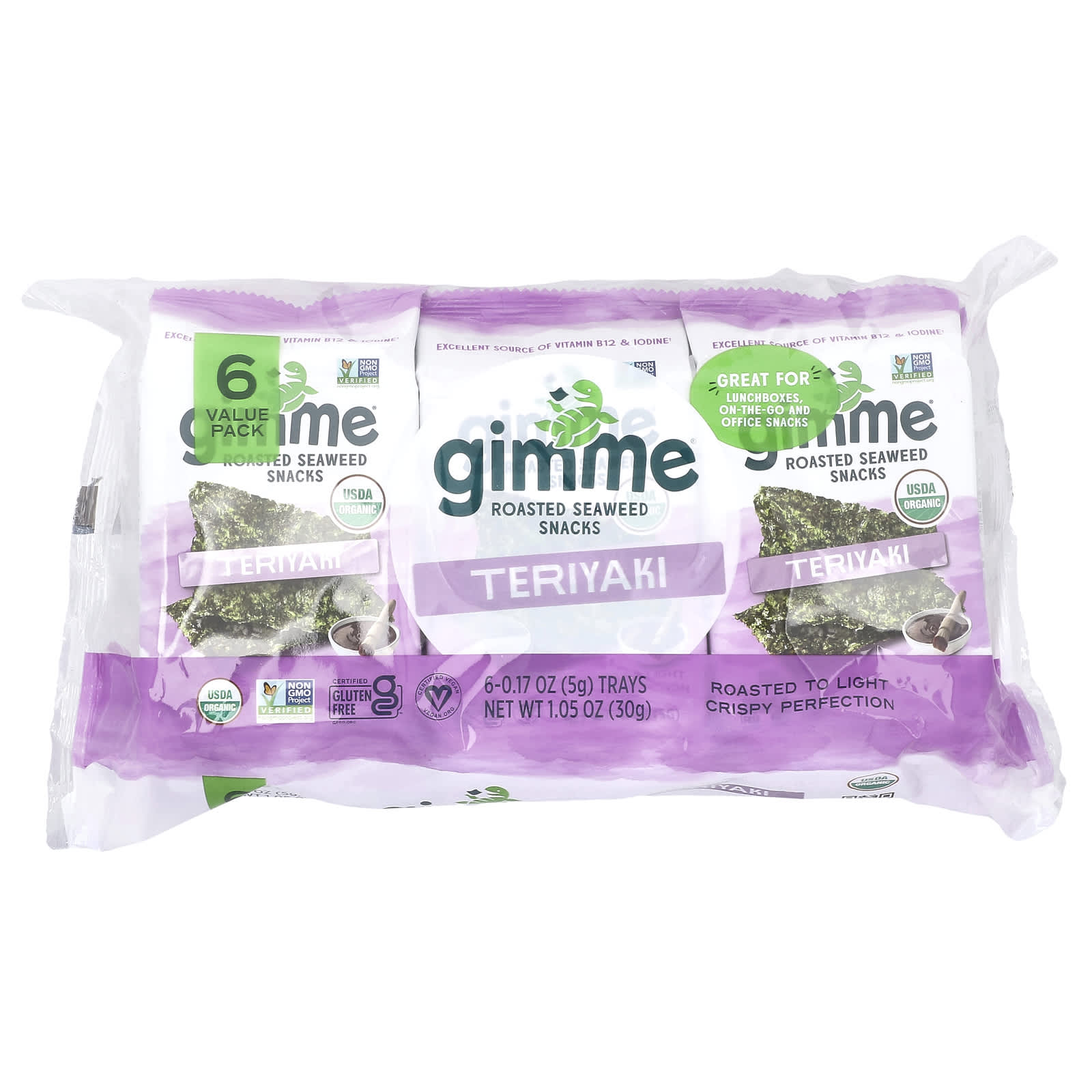 Delicious gimMe Organic Teriyaki Seaweed Snacks, 6 Packs, 0.17 oz Each - Image 1