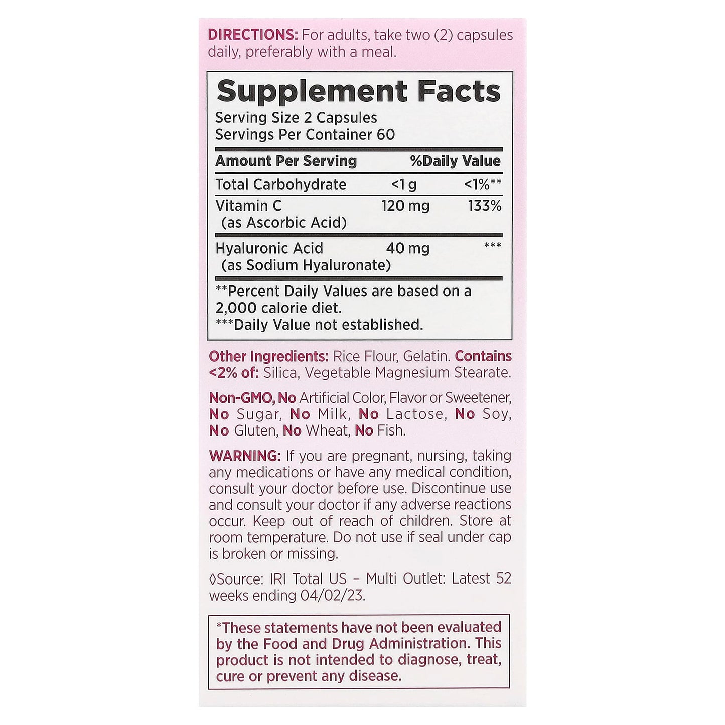 Nature's Bounty, Optimal Solutions®, Hyaluronic Acid Plus Vitamin C, 120 Capsules - Image 2