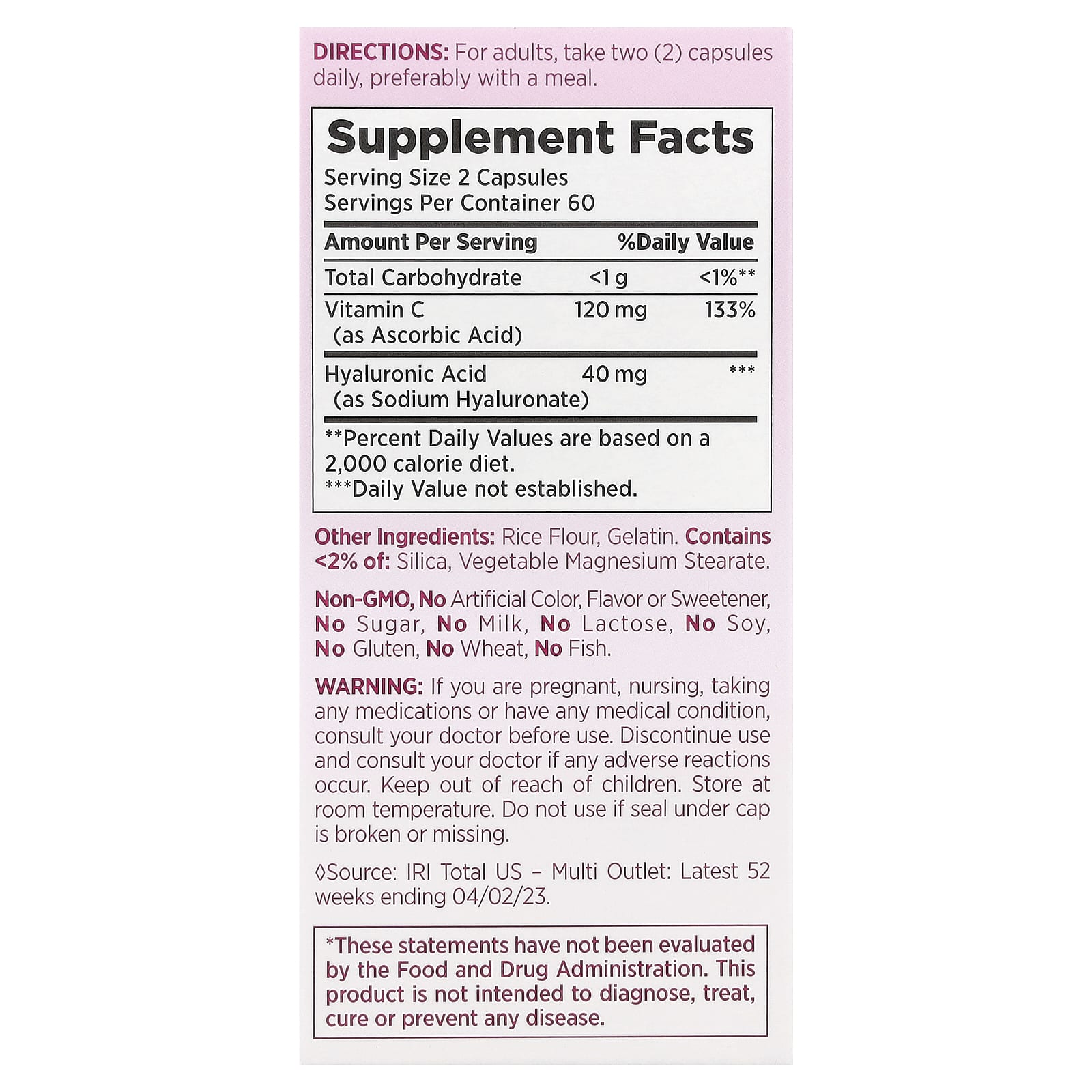 Nature's Bounty, Optimal Solutions®, Hyaluronic Acid Plus Vitamin C, 120 Capsules - Image 2