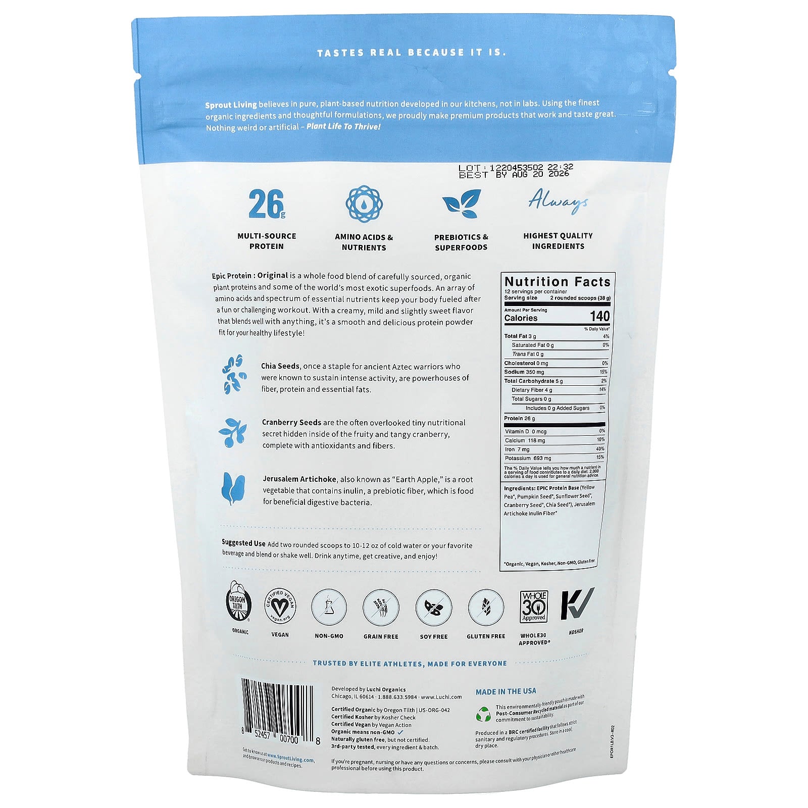 Sprout Living, Epic Protein®, Organic Plant Protein + Superfoods, Original, 1 lb (456 g) - Image 2