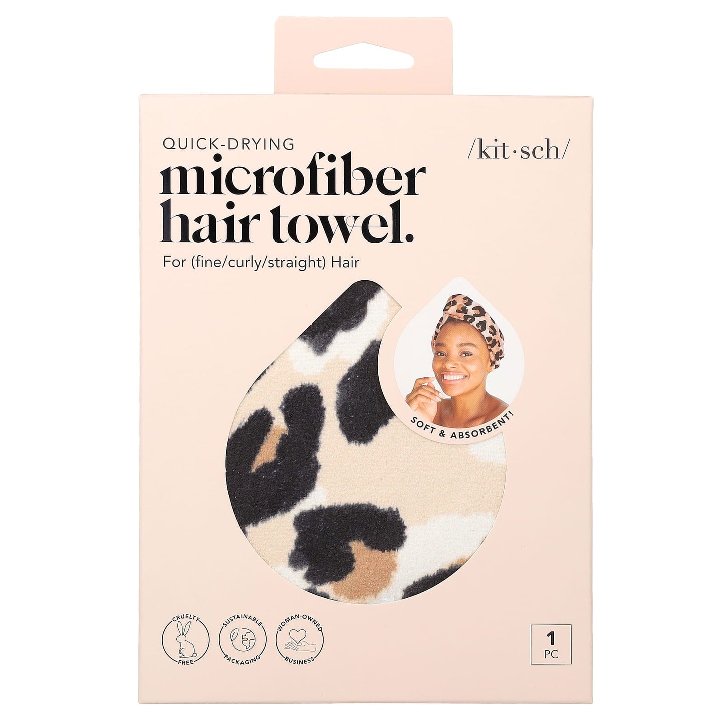 Kitsch, Quick Drying, Microfiber Hair Towel, Leopard, 1 Piece - Image 1