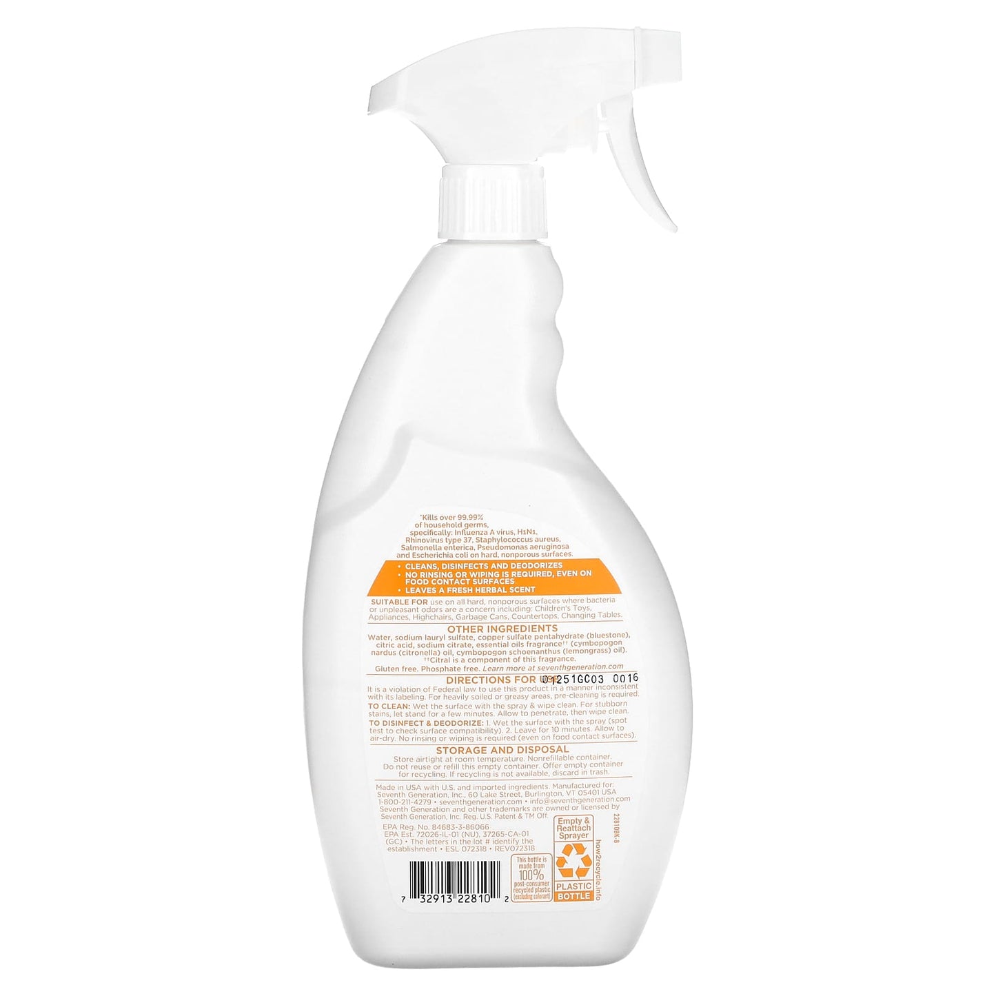Seventh Generation, Disinfecting Multi-Surface Cleaner, Lemongrass Citrus, 26 fl oz (768 ml) - Image 2