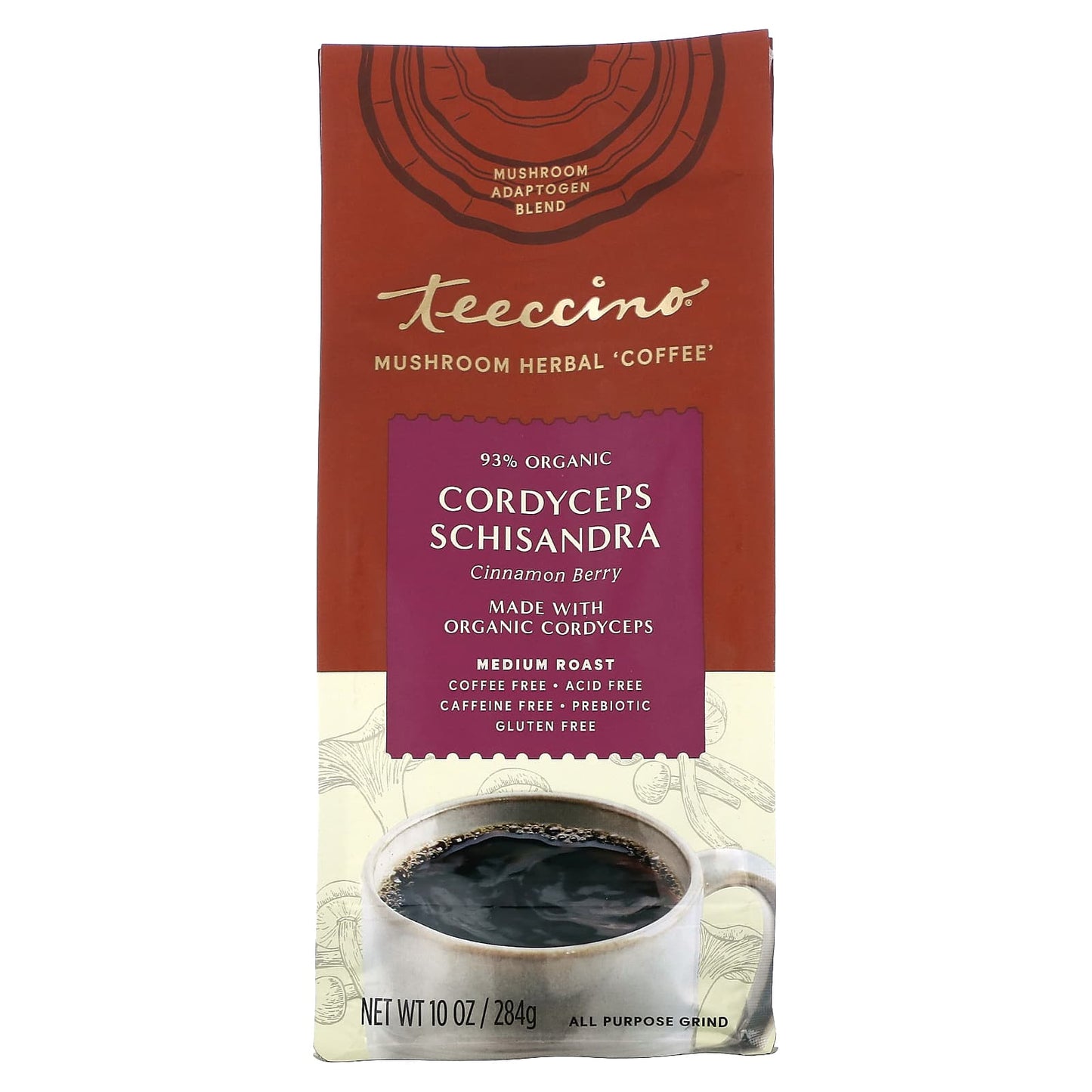 Teeccino, Mushroom Herbal Coffee, Cordyceps Schisandra, Cinnamon Berry, Medium Roast, Caffeine Free, 10 oz (284 g) - Image 1