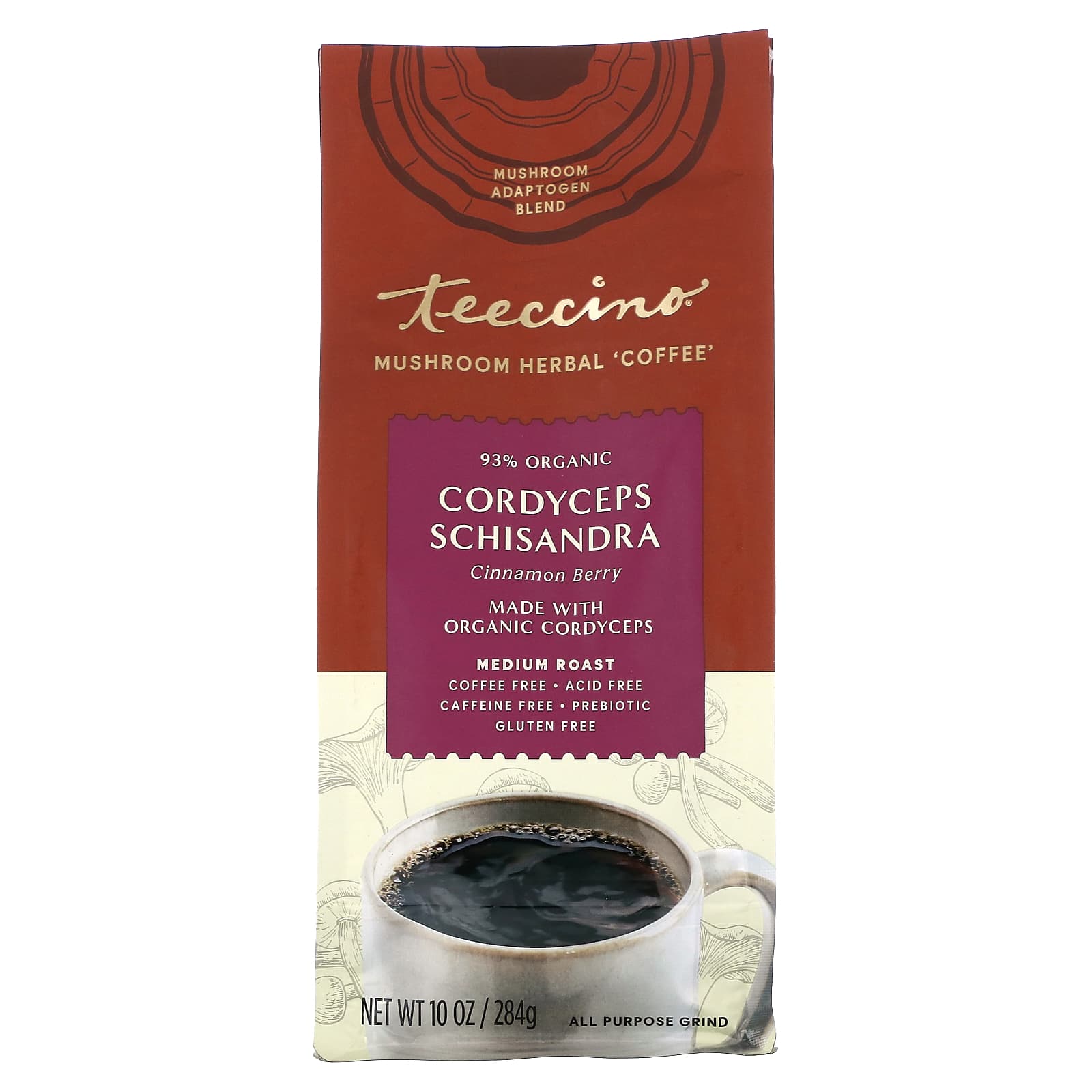 Teeccino, Mushroom Herbal Coffee, Cordyceps Schisandra, Cinnamon Berry, Medium Roast, Caffeine Free, 10 oz (284 g) - Image 1