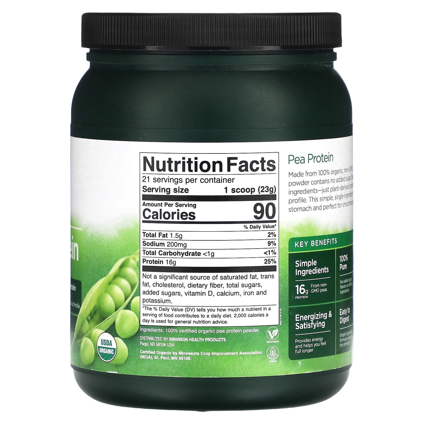 Swanson, 100% Organic Pea Protein Powder, Unflavored, 1.1 lb (503 g) - Image 2
