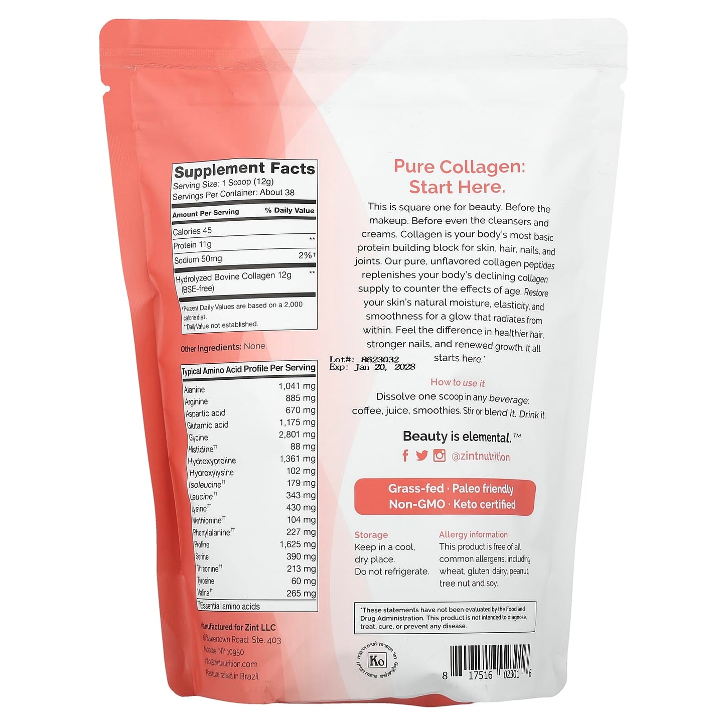 Zint, Pure Grass-Fed Collagen Peptides, Unflavored, Bag, 16 oz (454 g) - Image 2