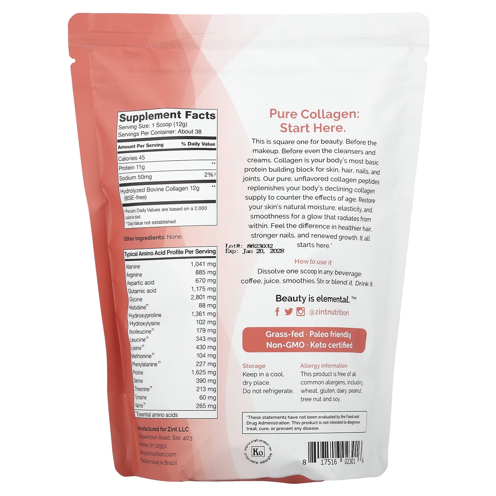 Zint, Pure Grass-Fed Collagen Peptides, Unflavored, Bag, 16 oz (454 g) - Image 2