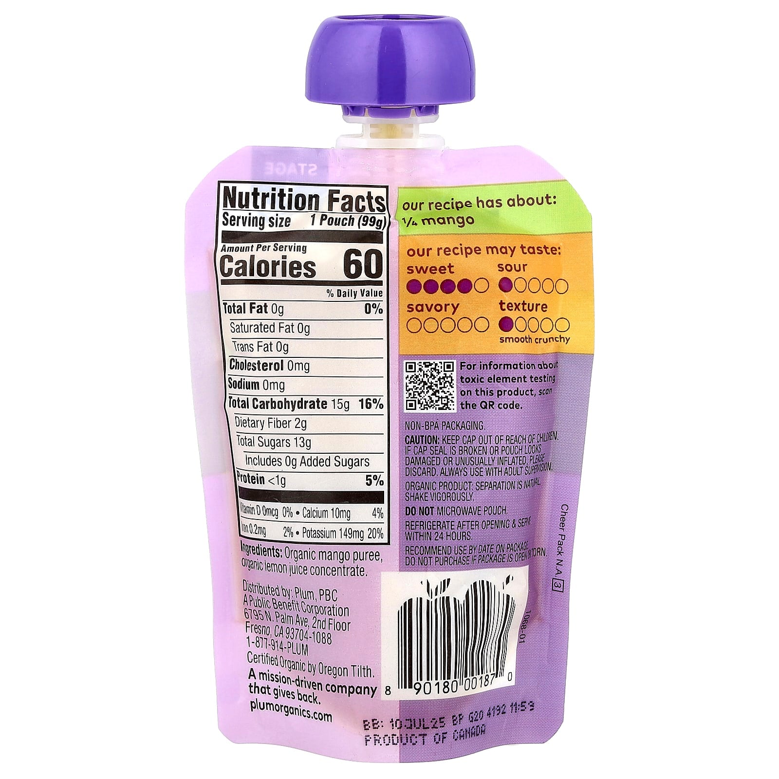 Plum Organics, Organic Baby Food, Just® Mangos, Stage 1, 4+ Months, 3.5 oz (99 g) - Image 2