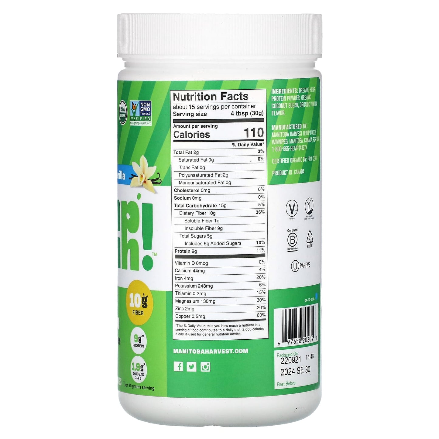 Manitoba Harvest, Organic Hemp Yeah!, Max Fiber Hemp Protein Powder, Vanilla, 1 lb (454 g) - Image 2