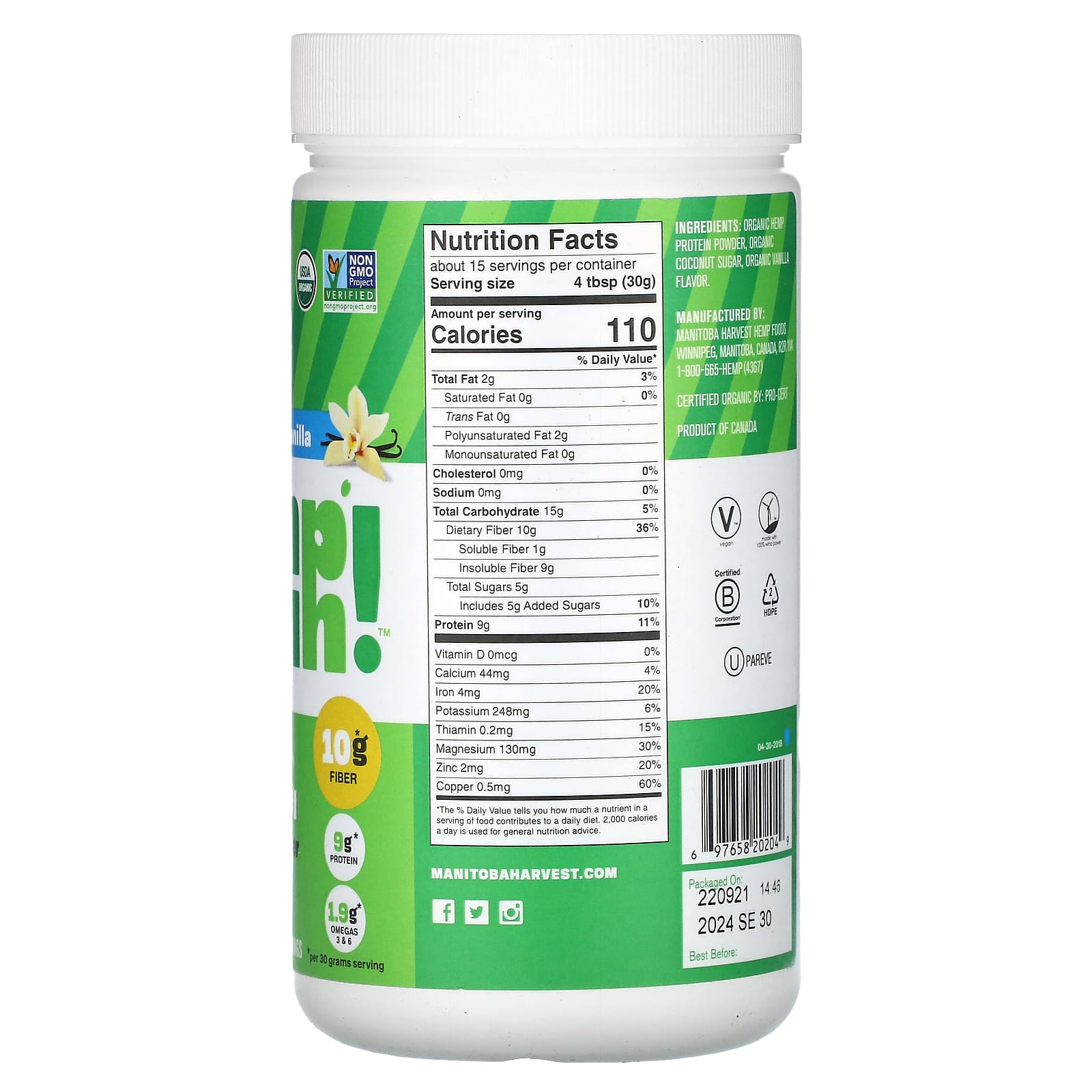 Manitoba Harvest, Organic Hemp Yeah!, Max Fiber Hemp Protein Powder, Vanilla, 1 lb (454 g) - Image 2