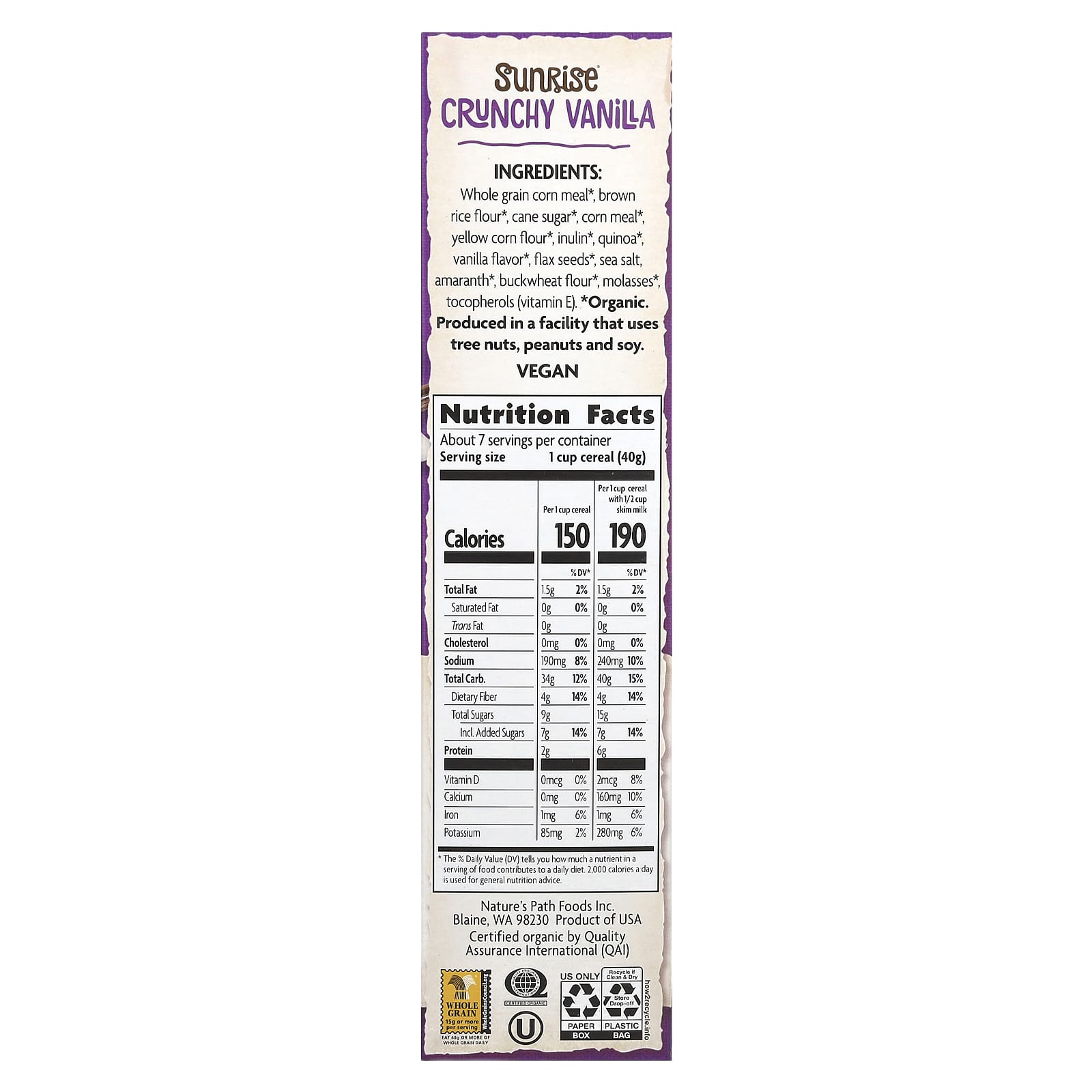 Nature's Path, Sunrise, Cereal, Crunchy Vanilla , 10.6 oz (300 g) - Image 2