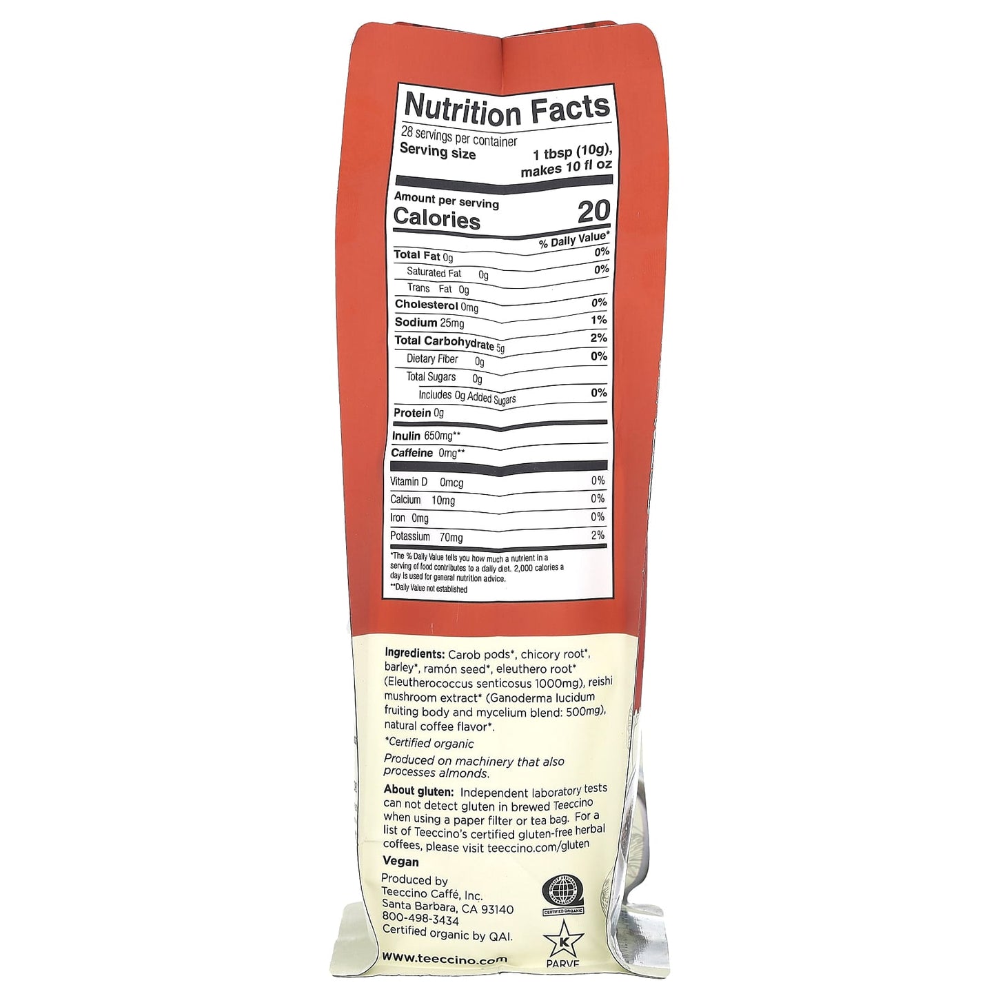 Teeccino, Mushroom Herbal Coffee, Reishi Eleuthero, Dark Roast, Caffeine Free, 10 oz (284 g) - Image 2