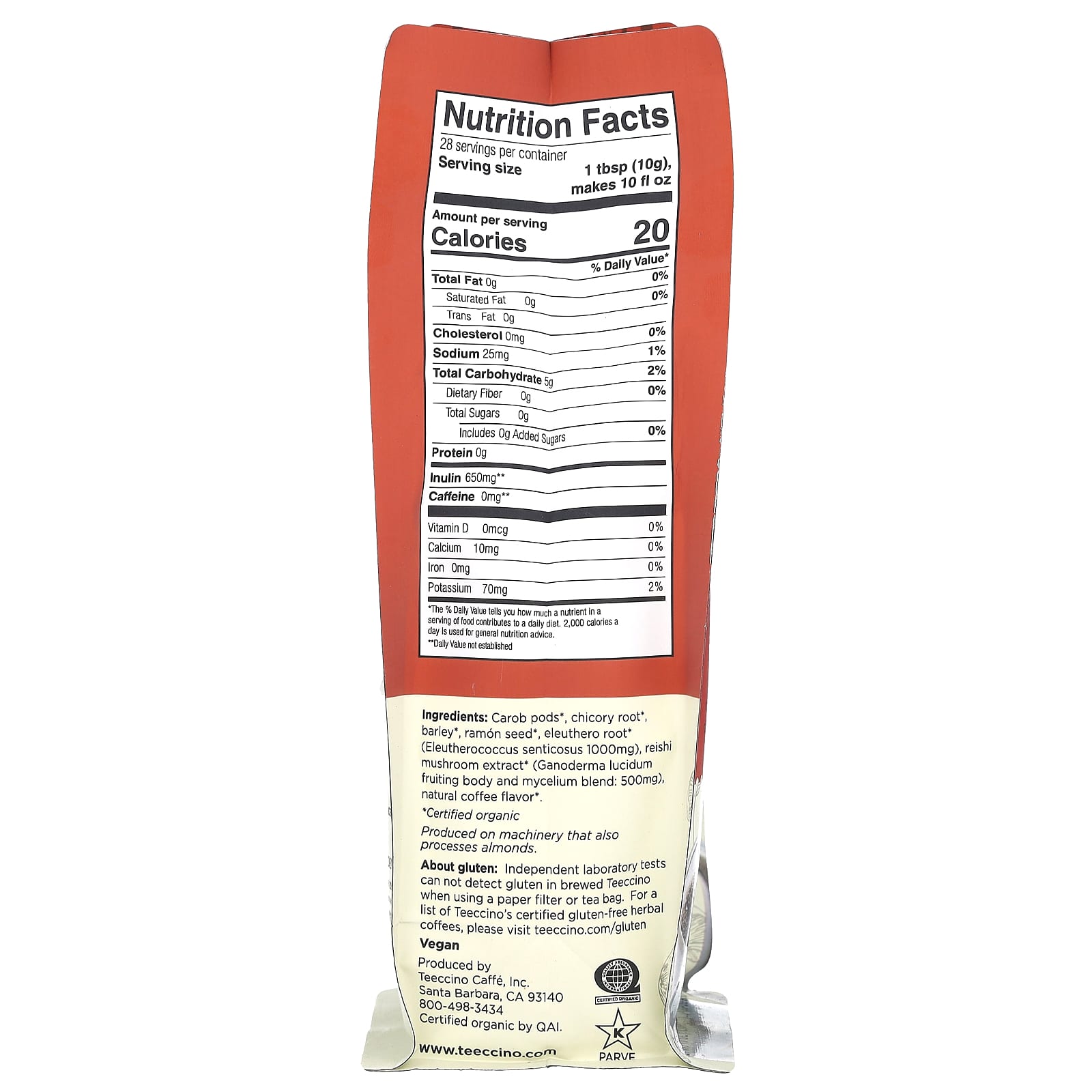 Teeccino, Mushroom Herbal Coffee, Reishi Eleuthero, Dark Roast, Caffeine Free, 10 oz (284 g) - Image 2