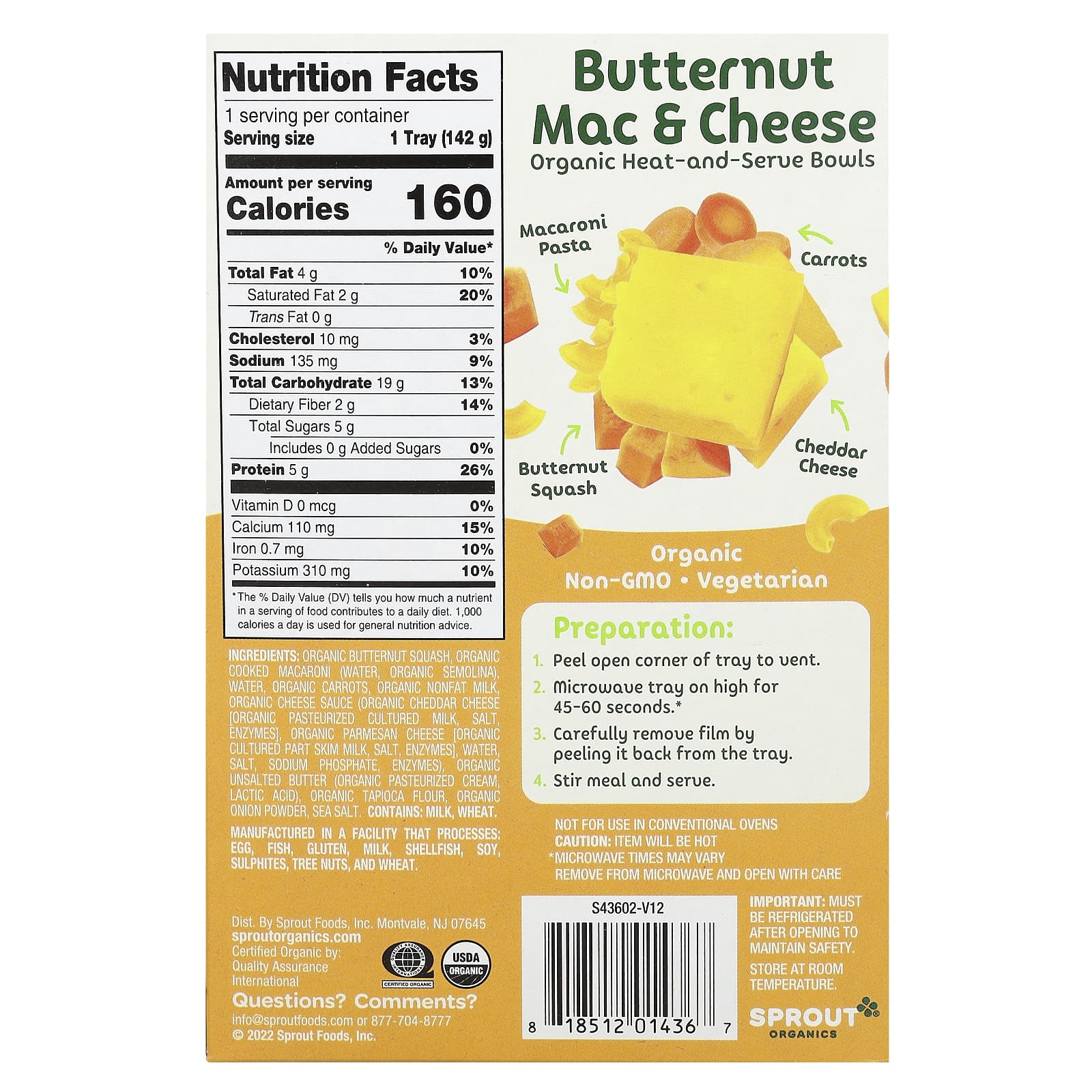 Sprout Organics, Toddler Meals, 12 Months+, Butternut Mac & Cheese, 5 oz (142 g) - Image 2