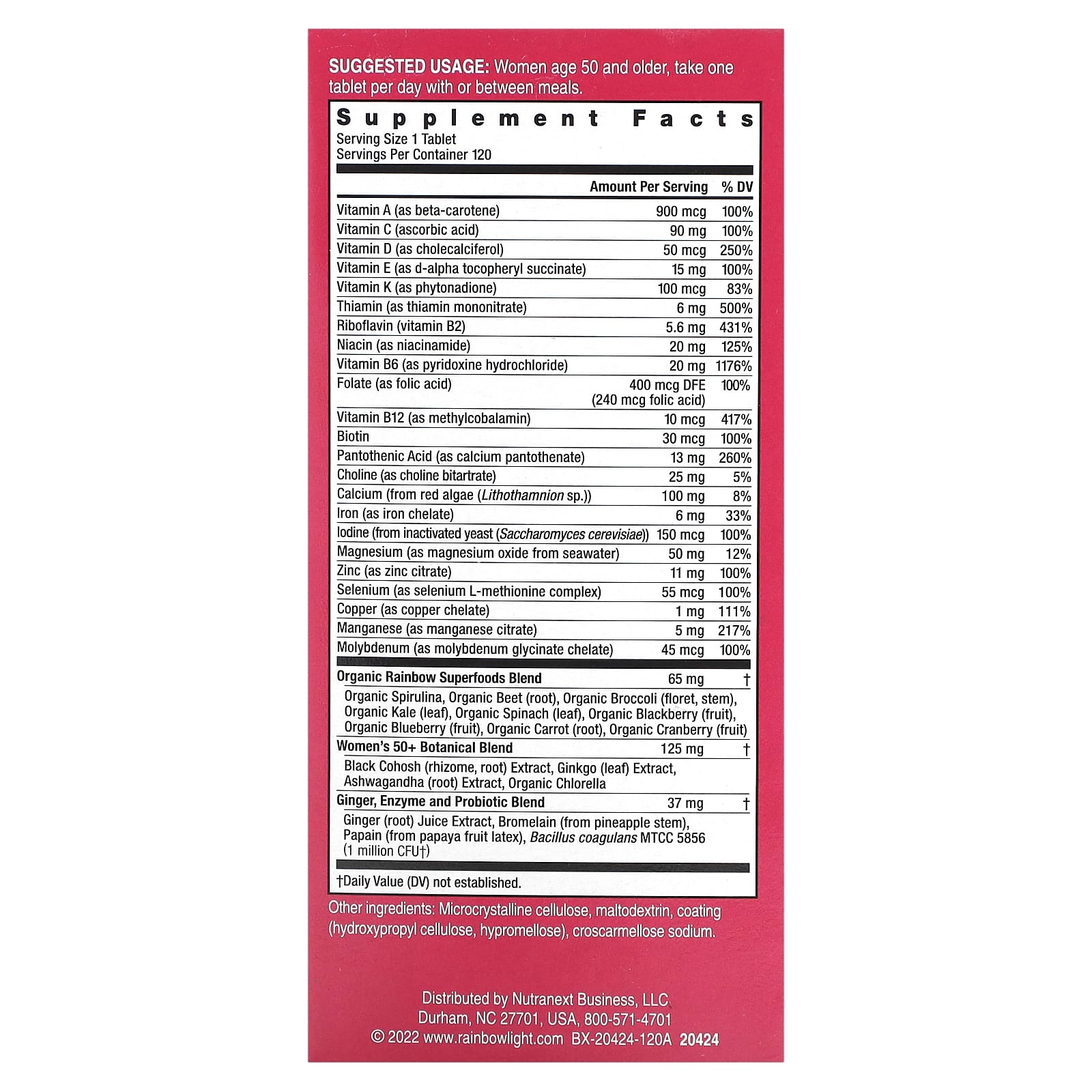 Rainbow Light, Women's One 50+, Daily Multivitamin, High Potency, 120 Vegetarian Tablets - Image 2