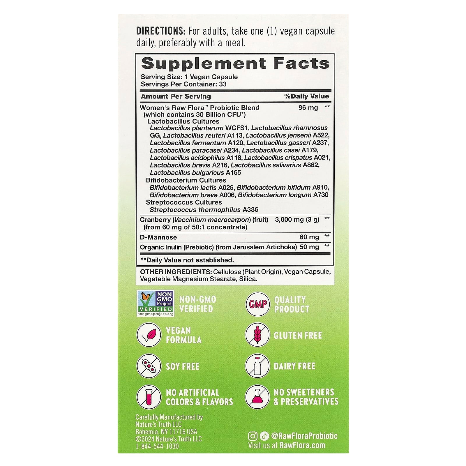 Nature's Truth, Women's Care, Raw Flora™ Probiotic-18, 33 Vegan Capsules - Image 2