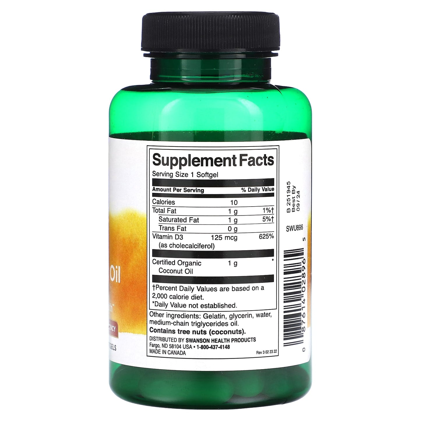 Swanson, D3 with Coconut Oil, Highest Potency, 125 mcg (5,000 IU), 60 Softgels