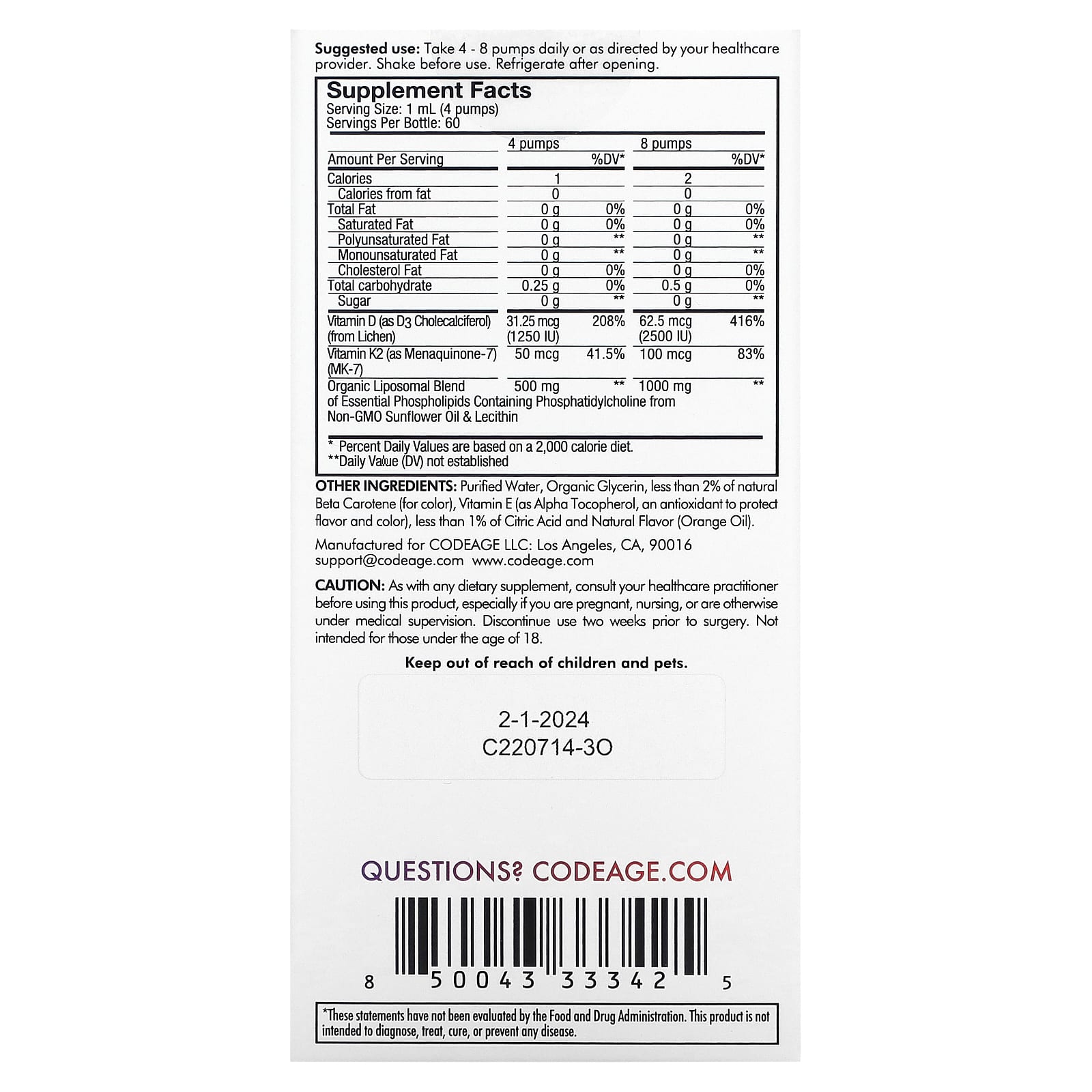 Codeage Liposomal Vitamin D3+K2 Supplement, Orange, 2 fl oz - Image 2