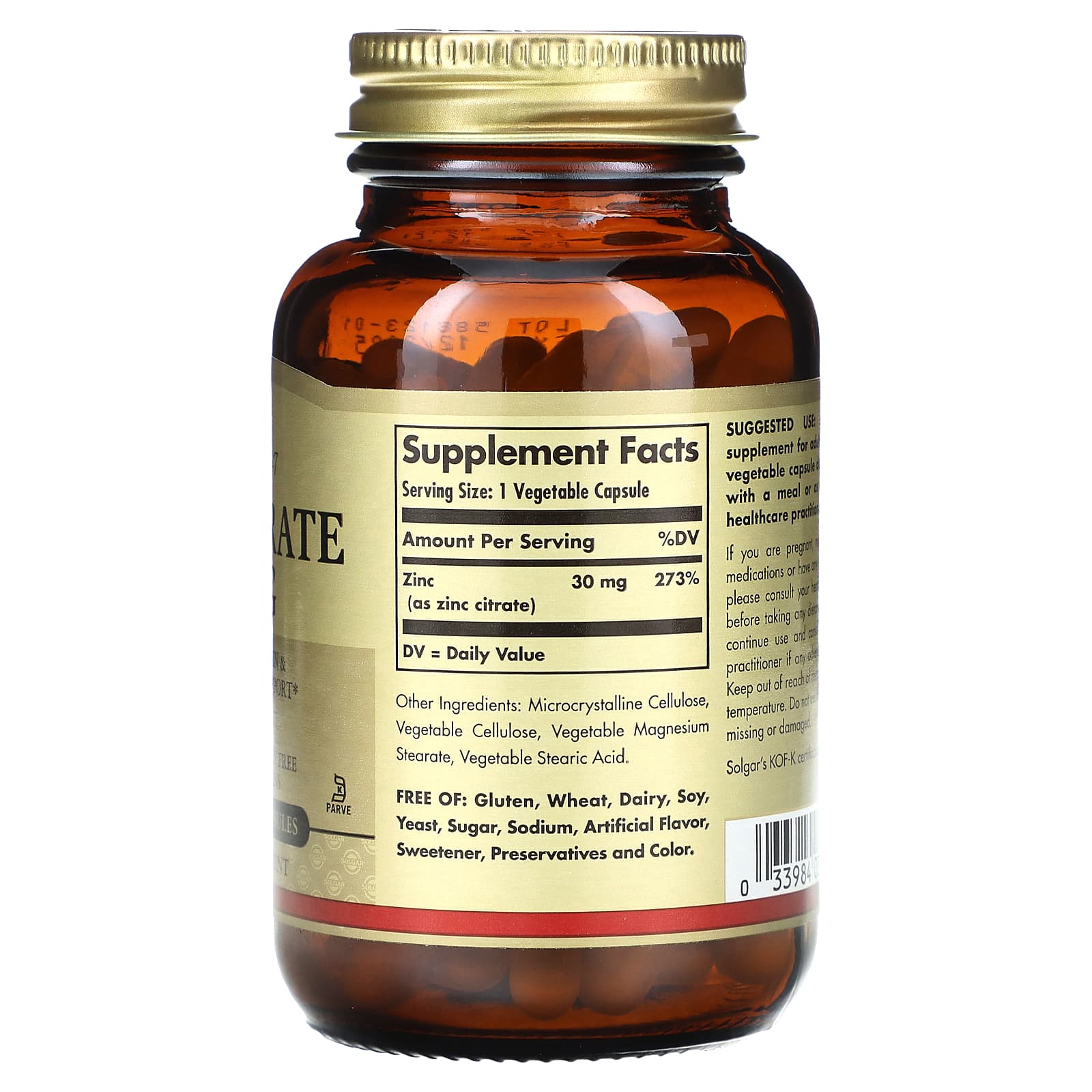 Solgar, Zinc Citrate, 30 mg, 100 Vegetable Capsules - Image 2