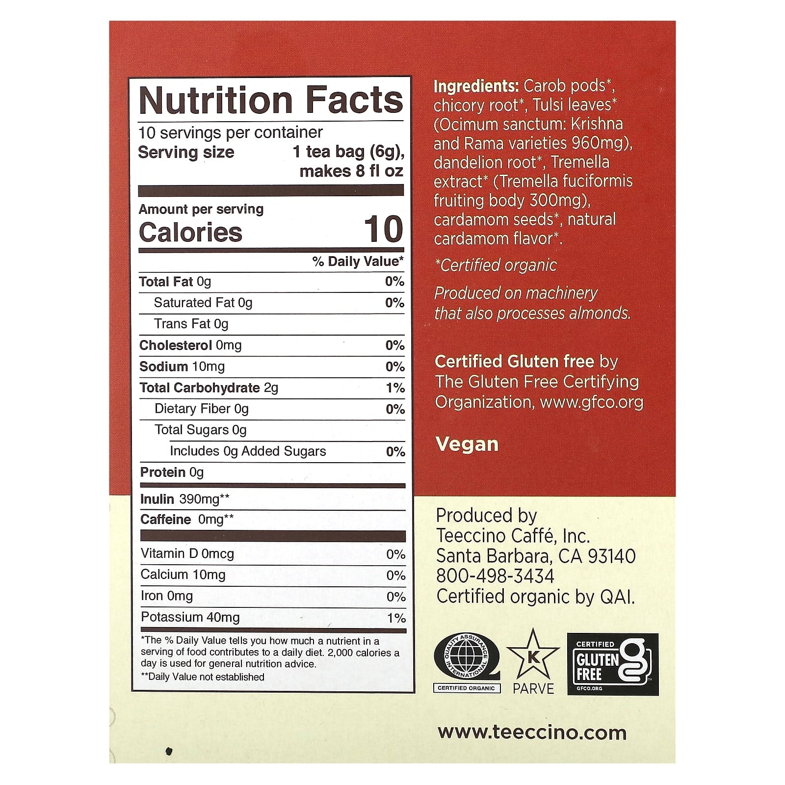 Teeccino, Mushroom Herbal Tea, Tremella Tulsi, Cardamom, Caffeine Free, 10 Tea Bags, 2.12 oz (60 g) - Image 2