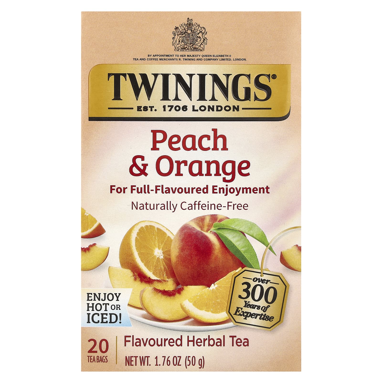 Twinings, Herbal Tea, Peach & Orange, Caffeine-Free, 20 Tea Bags, 1.76 oz (50 g) - Image 1