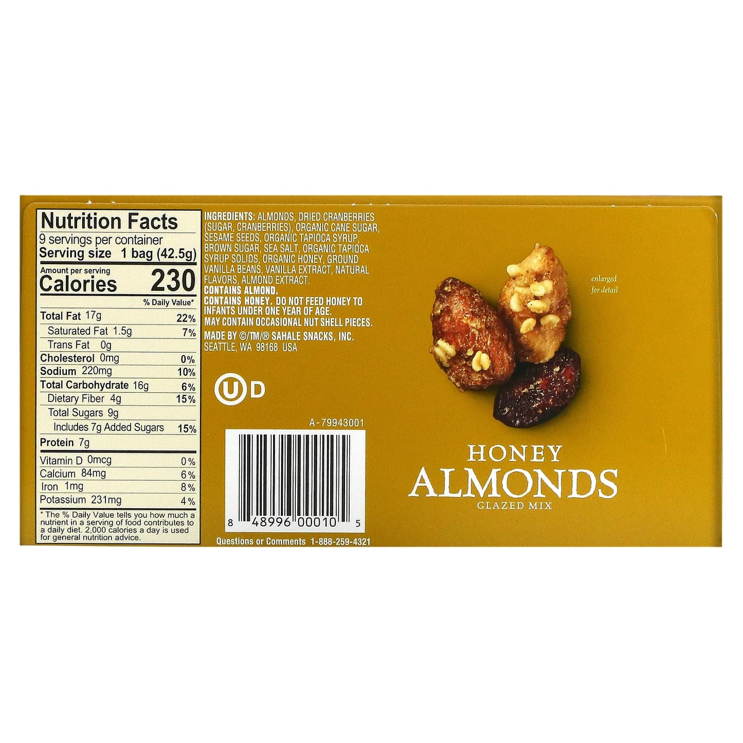 Sahale Snacks, Glazed Mix, Honey Almonds, 9 Packs, 1.5 oz (42.5 g) Each - Image 2