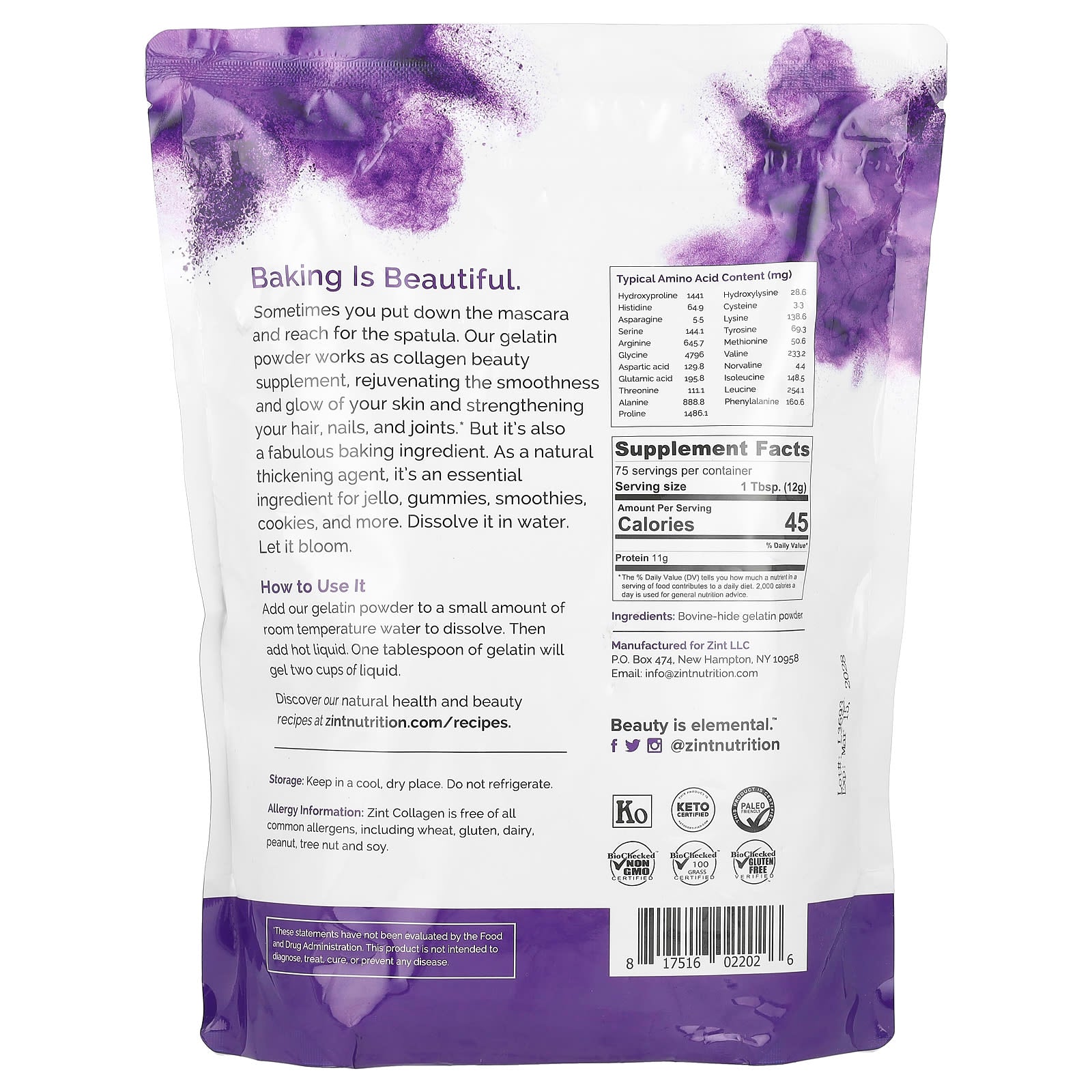 Zint, Gelatin Thickening Protein Powder, Premium Beef, 2 lbs (907 g) - Image 2