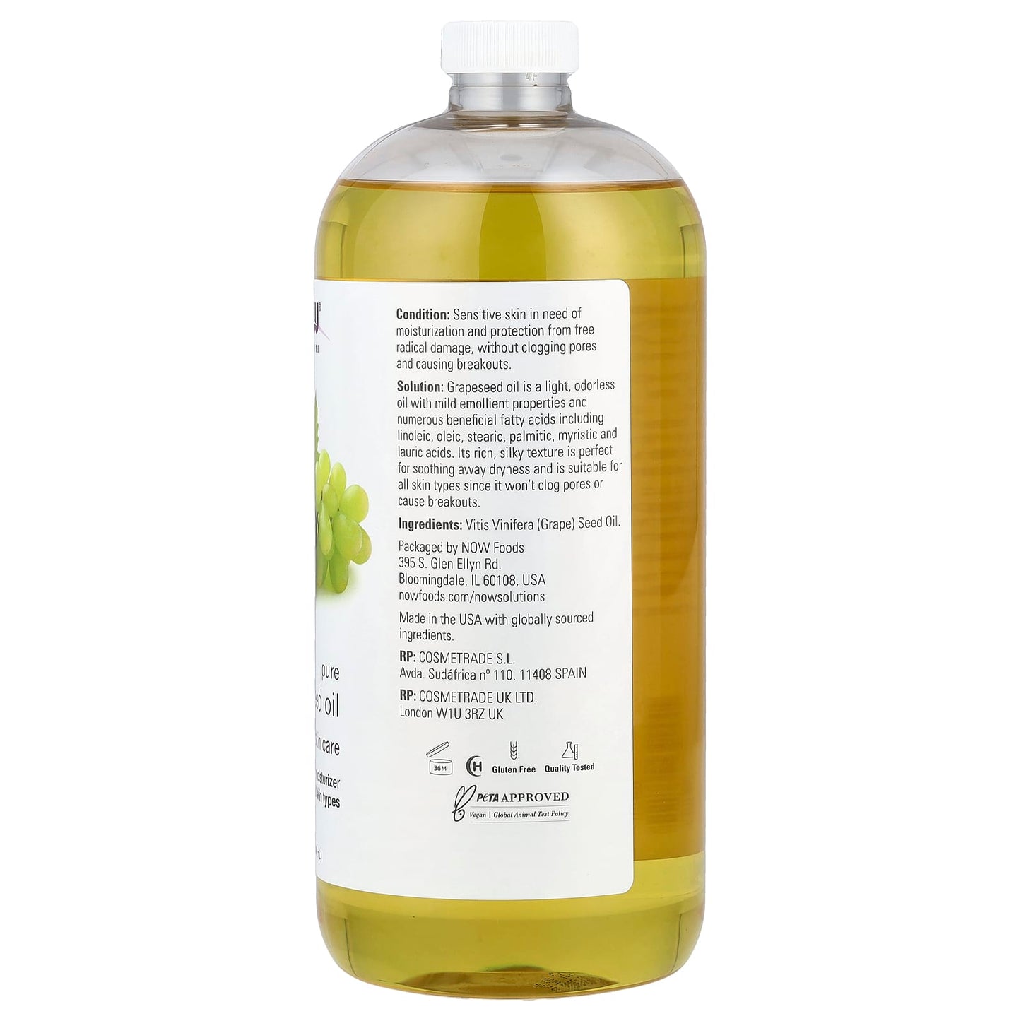 NOW Foods, Solutions, Pure Grapeseed Oil, All Skin Types, 32 fl oz (946 ml) - Image 2
