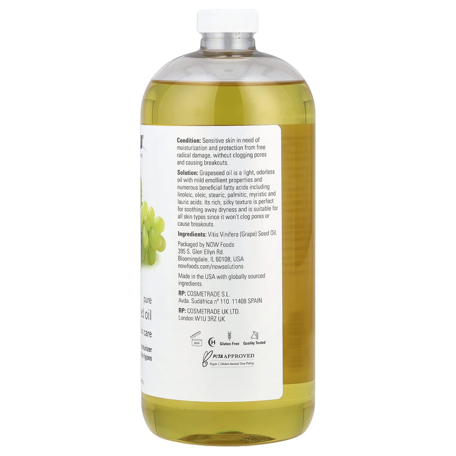 NOW Foods, Solutions, Pure Grapeseed Oil, All Skin Types, 32 fl oz (946 ml) - Image 2