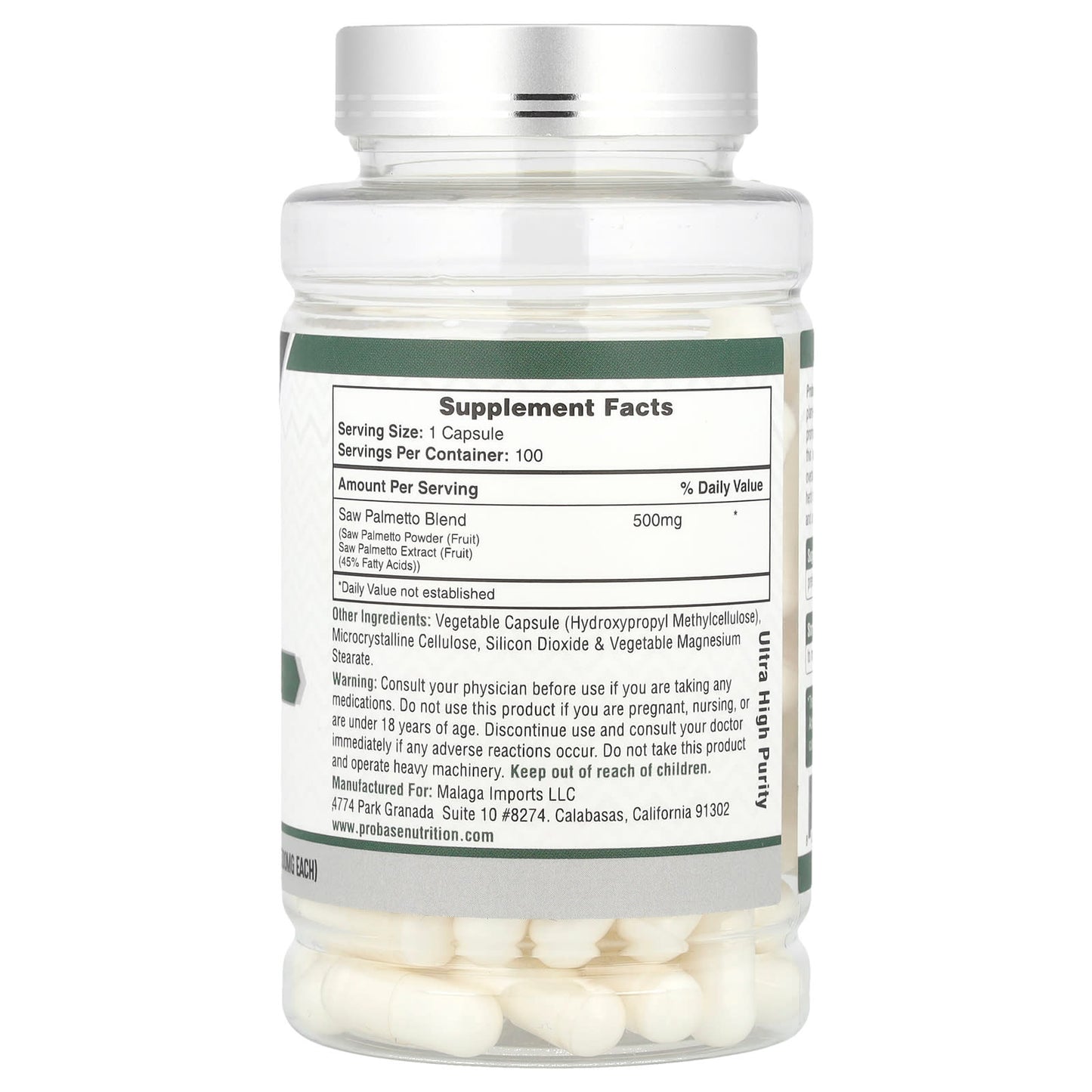 Probase Nutrition, Saw Palmetto, 500 mg, 100 Capsules - Image 2