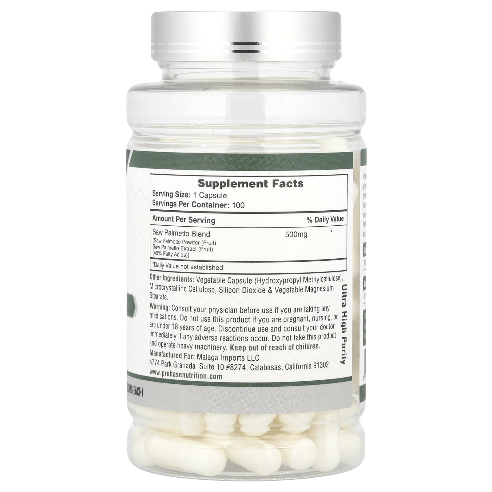 Probase Nutrition, Saw Palmetto, 500 mg, 100 Capsules - Image 2