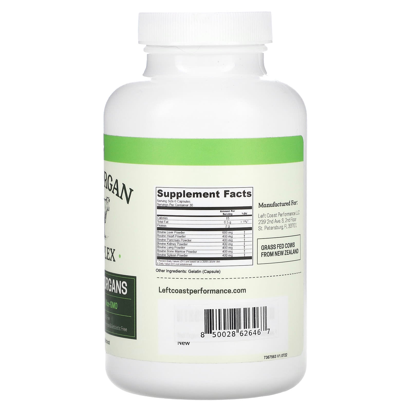 Left Coast Performance, Beef Organ Complex, 180 Capsules - Image 2