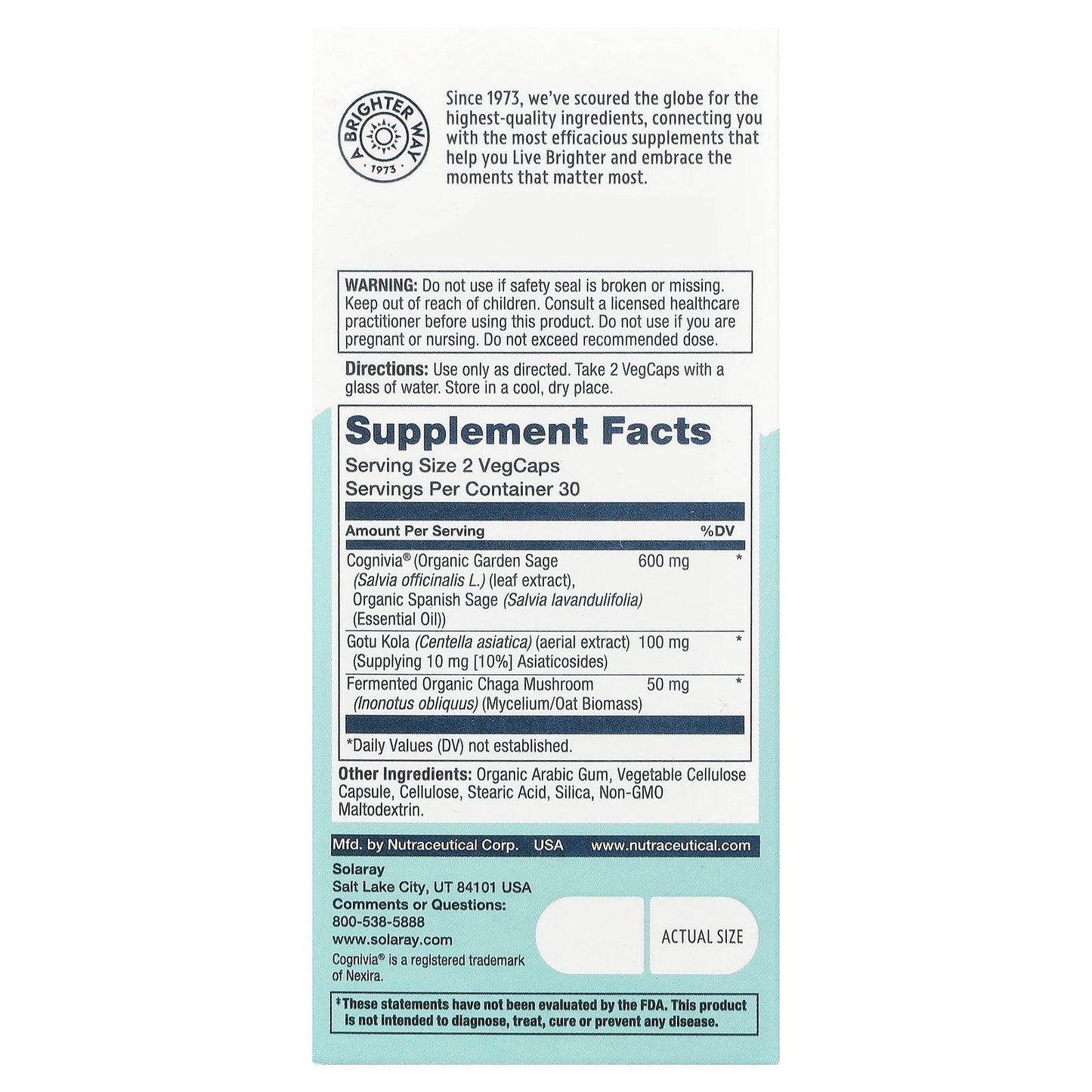 Solaray, Sharpmind™ Memory with Cognivia® Sage, Gotu Kola & Chaga Mushroom, 60 Vegcaps - Image 2