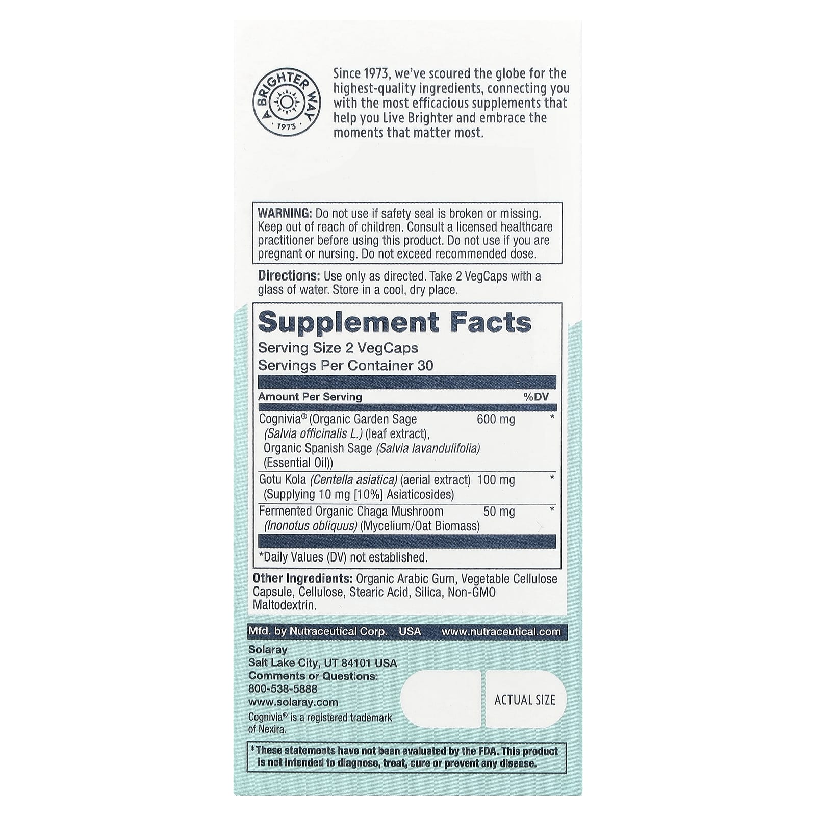 Solaray, Sharpmind™ Memory with Cognivia® Sage, Gotu Kola & Chaga Mushroom, 60 Vegcaps - Image 2