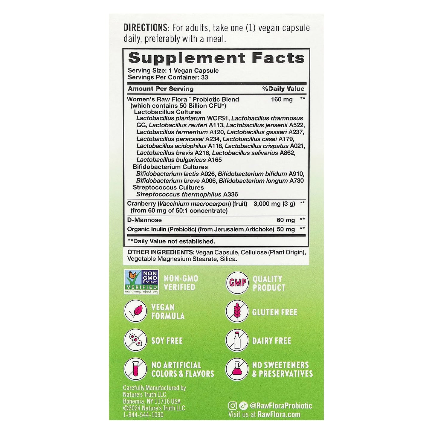 Nature's Truth, Women's Care, Raw Flora™ Probiotic-18, 33 Vegan Capsules - Image 2