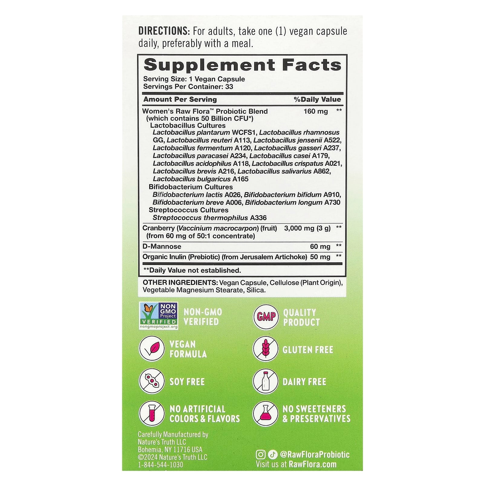 Nature's Truth, Women's Care, Raw Flora™ Probiotic-18, 33 Vegan Capsules - Image 2