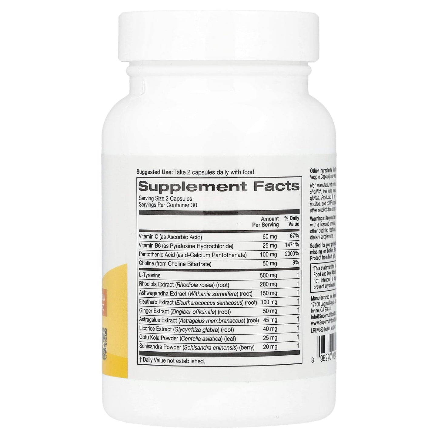 Adrenal Support with L-Tyrosine & Herbal Extracts - 60 Veggie Capsules - Image 2